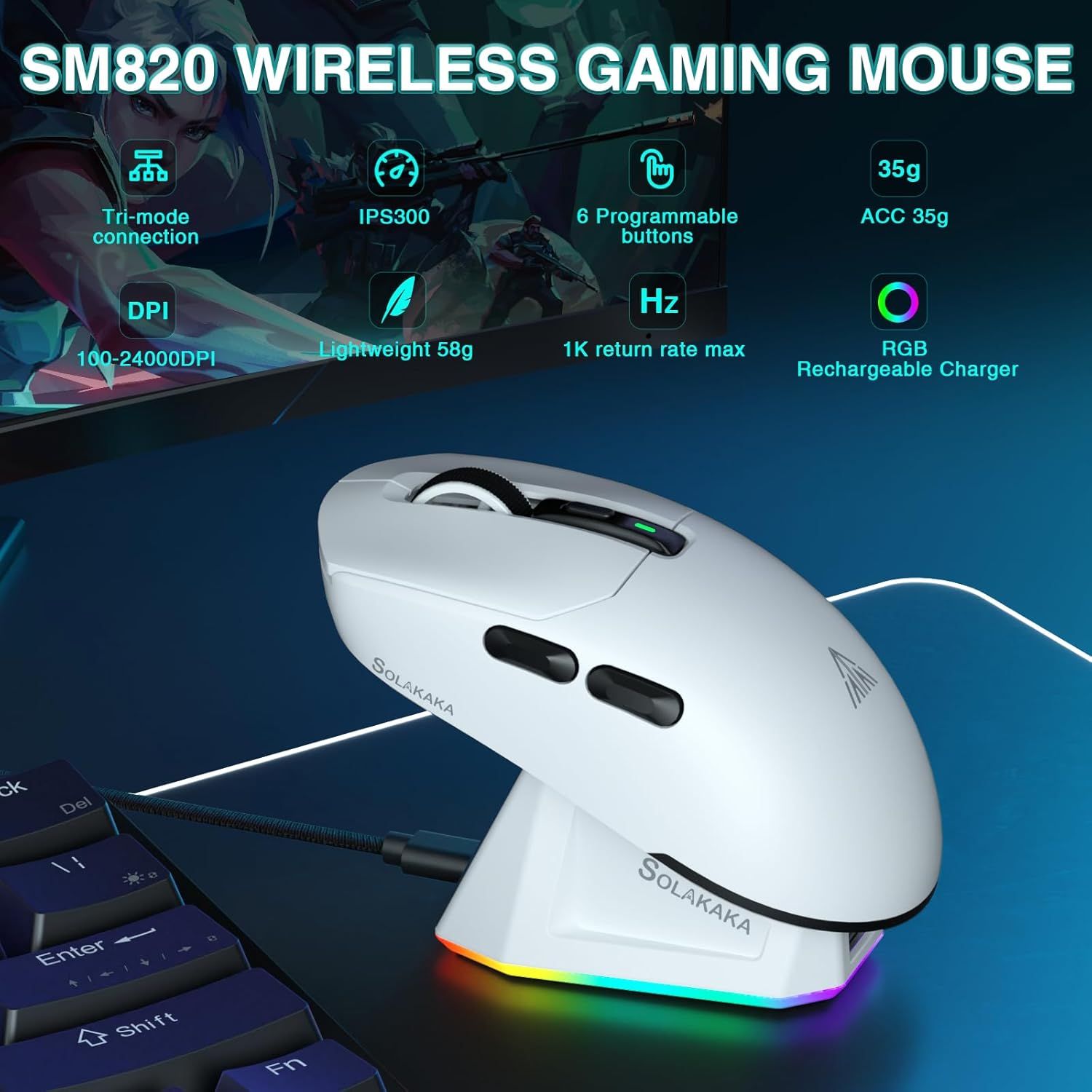 SOLAKAKA SM820 Wireless Gaming Mouse with RGB Charging Dock, 24000 DPI Tri-Modes Wireless Mouse,white — image 2