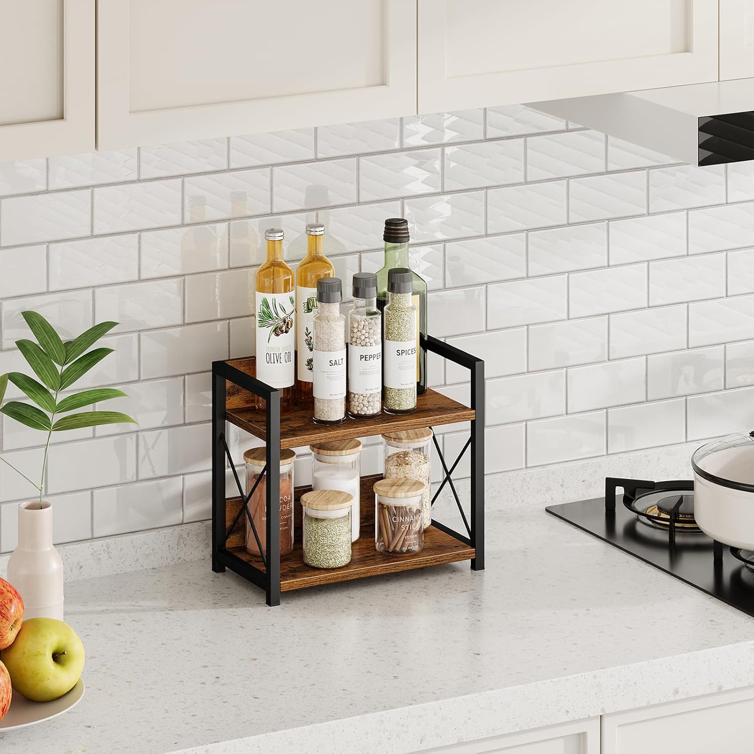 CARLA HOME 2-Tier Countertop Shelf Organizer Rustic Wood Kitchen Spice Rack for Storage, Condiments & Cabinet Organization — image 3