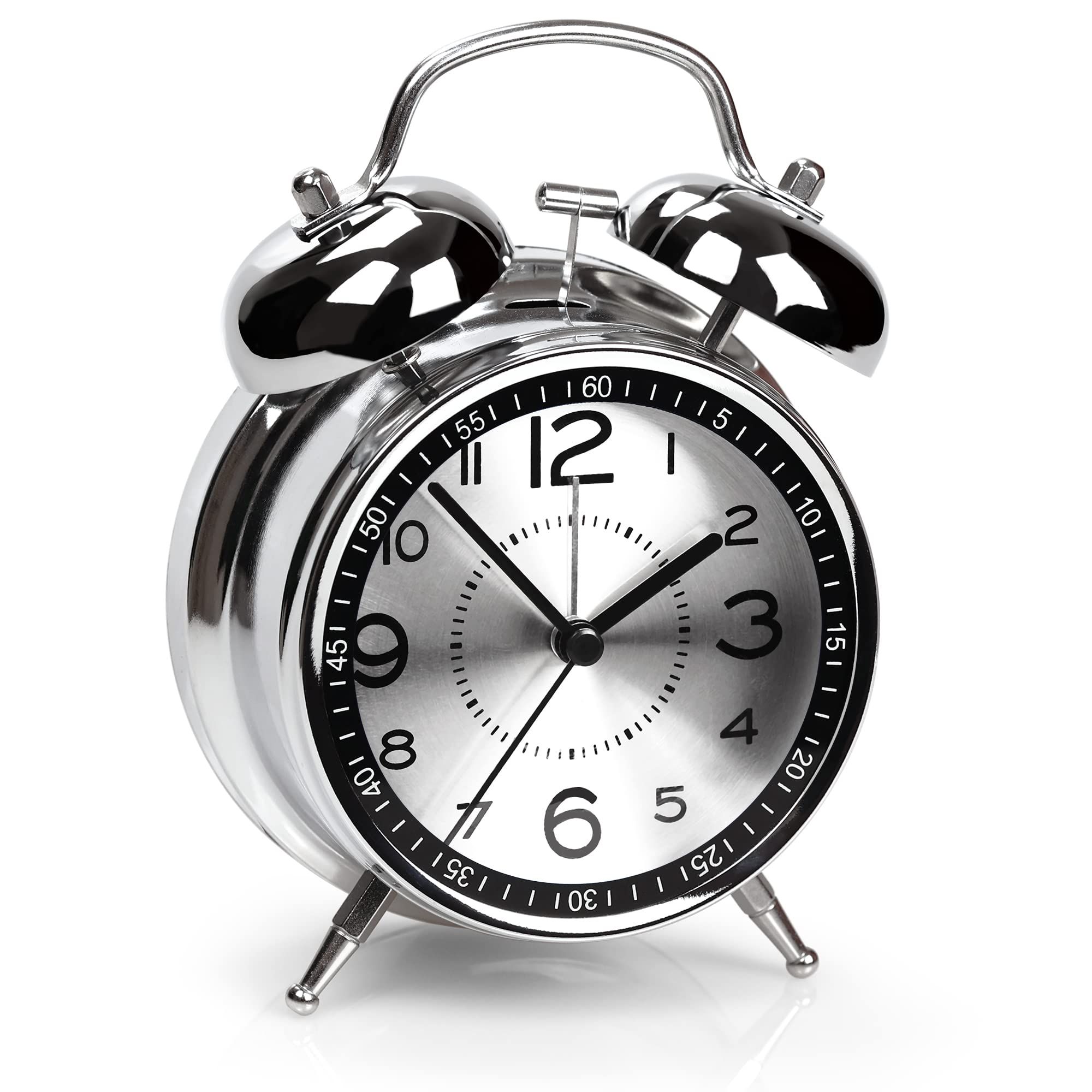 Super Loud Alarm Clock for Heavy Sleepers Adults,Twin Bell Retro 4 Inch Silent Non-Ticking Quartz with Backlight, Metal dial(Gray)