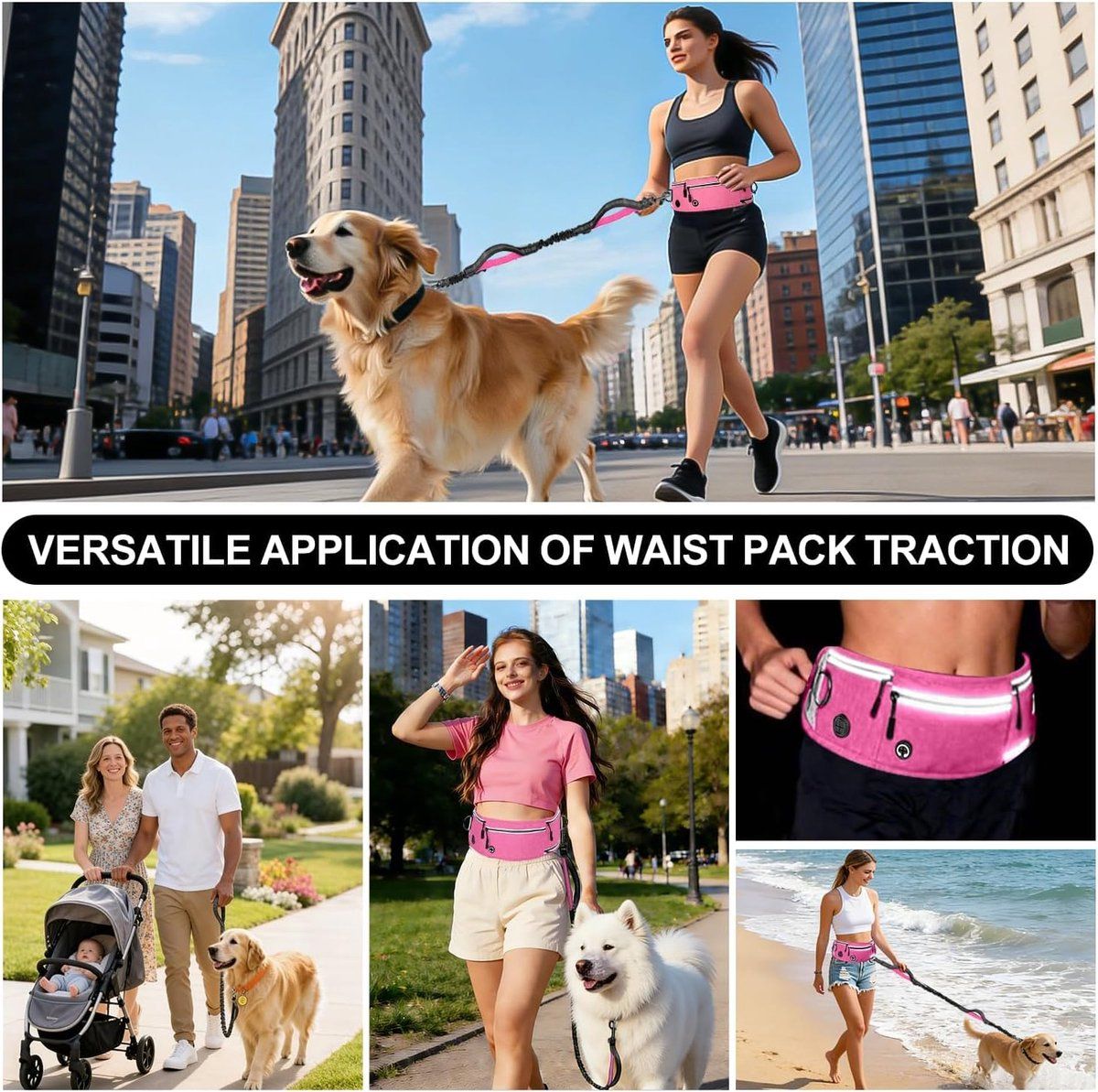 Hands Free Dog Leash With Adjustable Waist Belt, Shock Absorbing Bungee, Reflective Lead, Pockets And Bottle Holder, Pink — image 4
