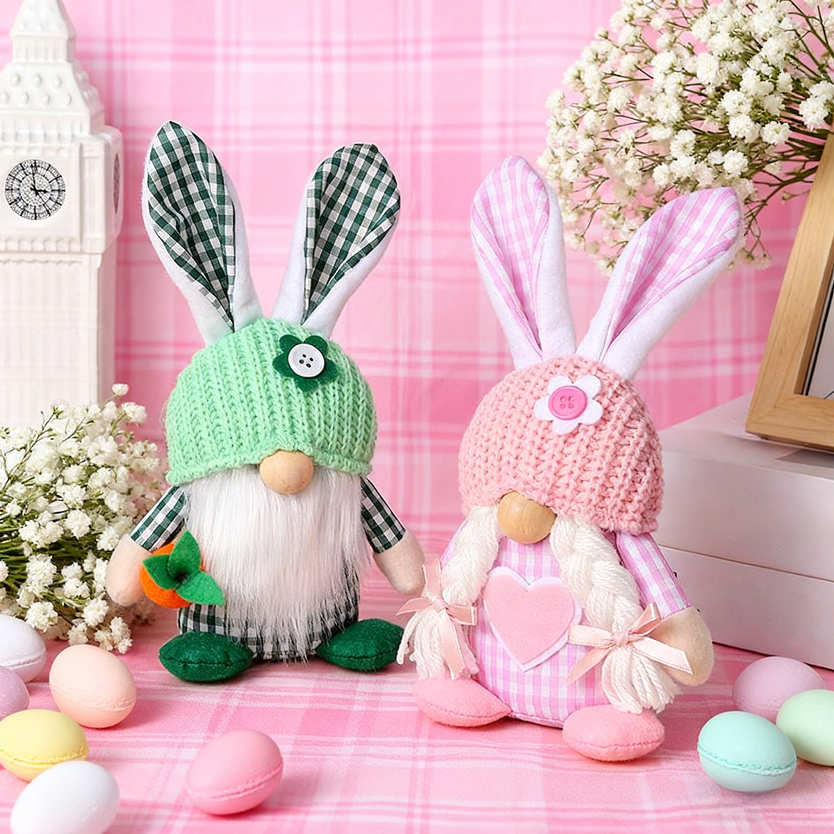 Pink Easter Plush Bunny Gnome Figurine โ Decorative Doll with Long Hair and Checkered Ears for Home Display โ image 3