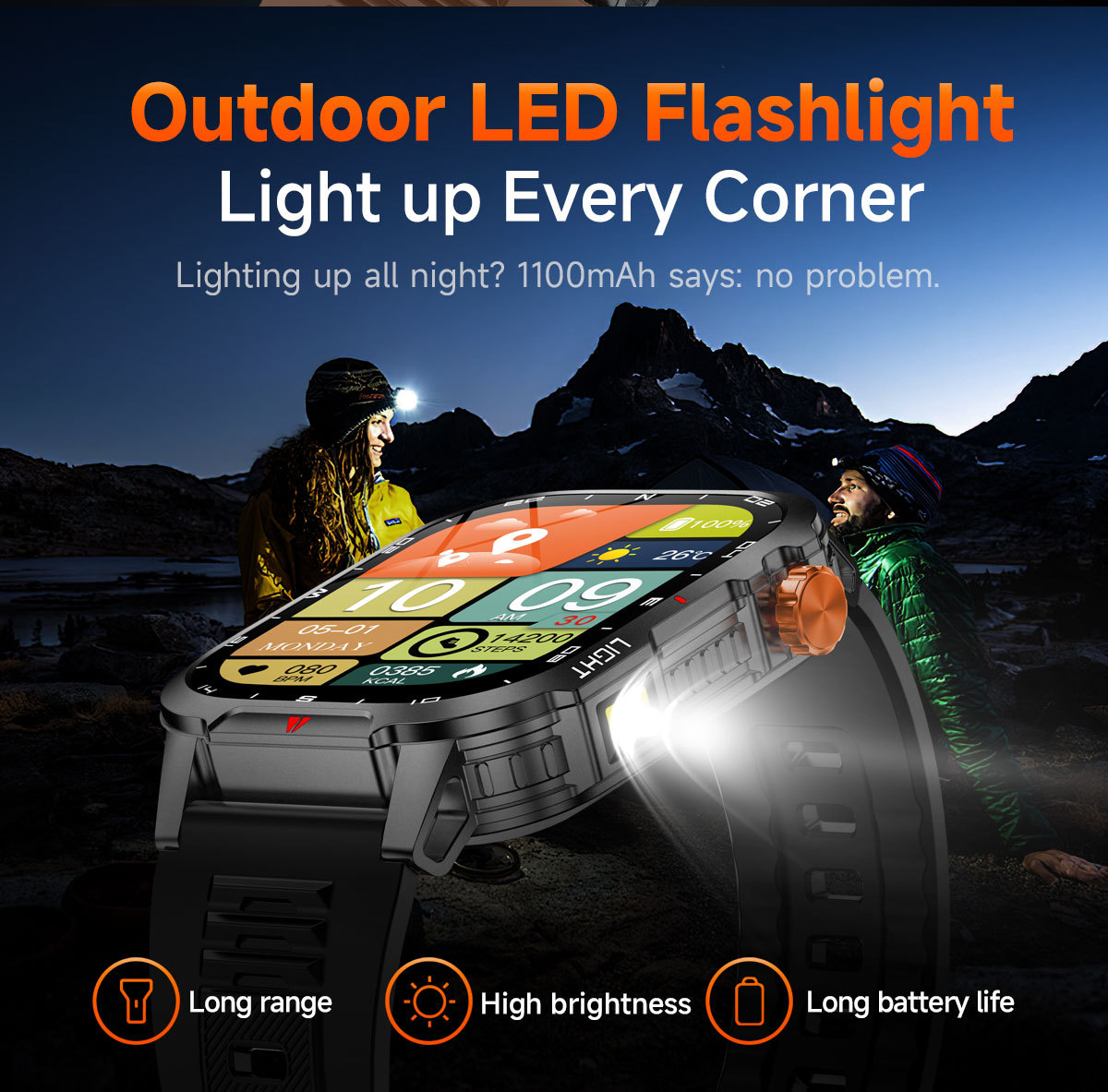 Rugged Outdoor Smart Watch for Men - 1100mAh Extra Long Battery with LED Flashlight & Compass - 2.01" HD Screen Bluetooth Calling IP68 Waterproof Fitness — image 4