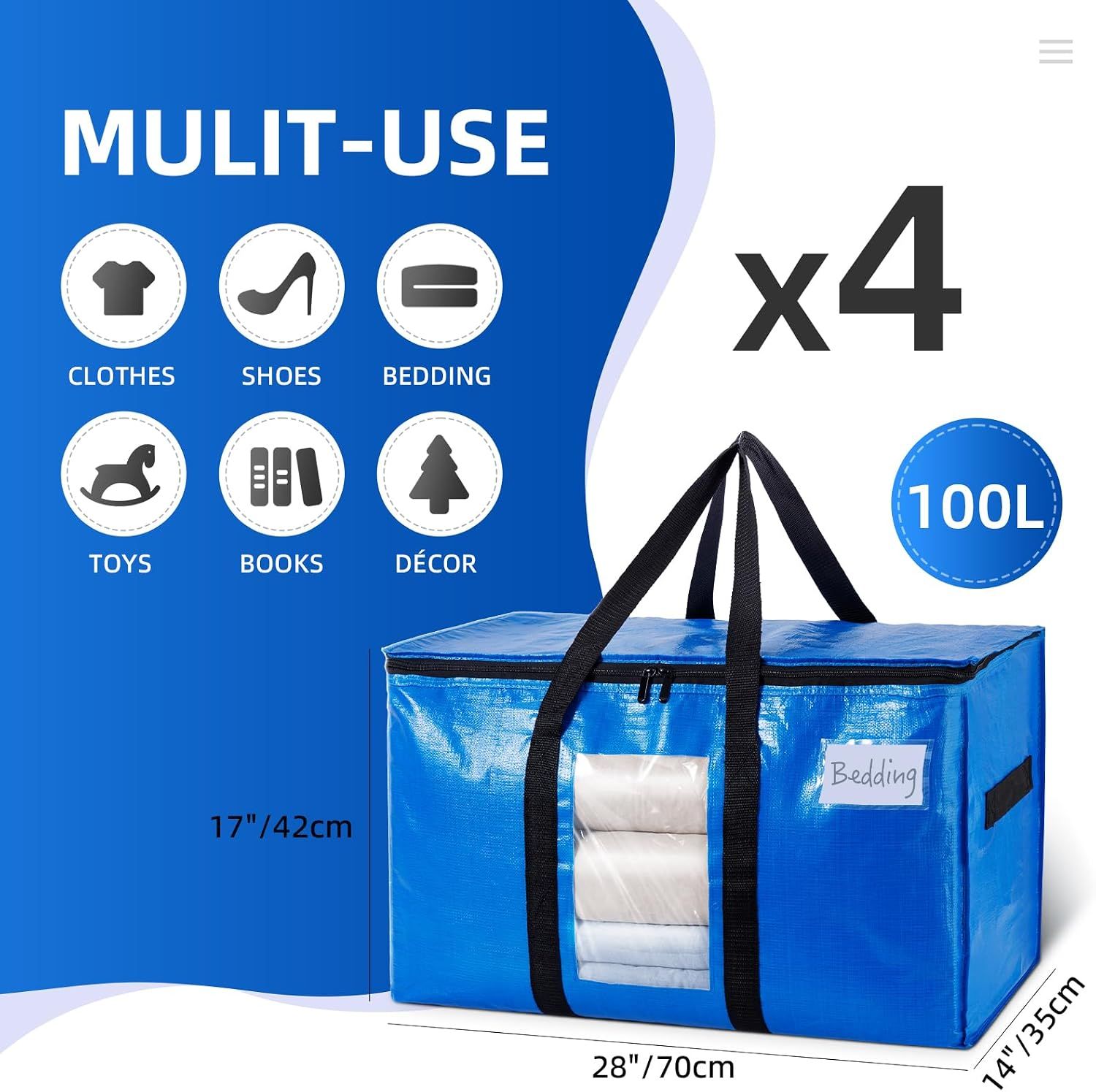 4 Pack Extra Large Moving Bags, Storage Bags with Visible Window, 93L Heavy-Duty Totes For Storage, Wrap Around Handles, Blue โ image 6