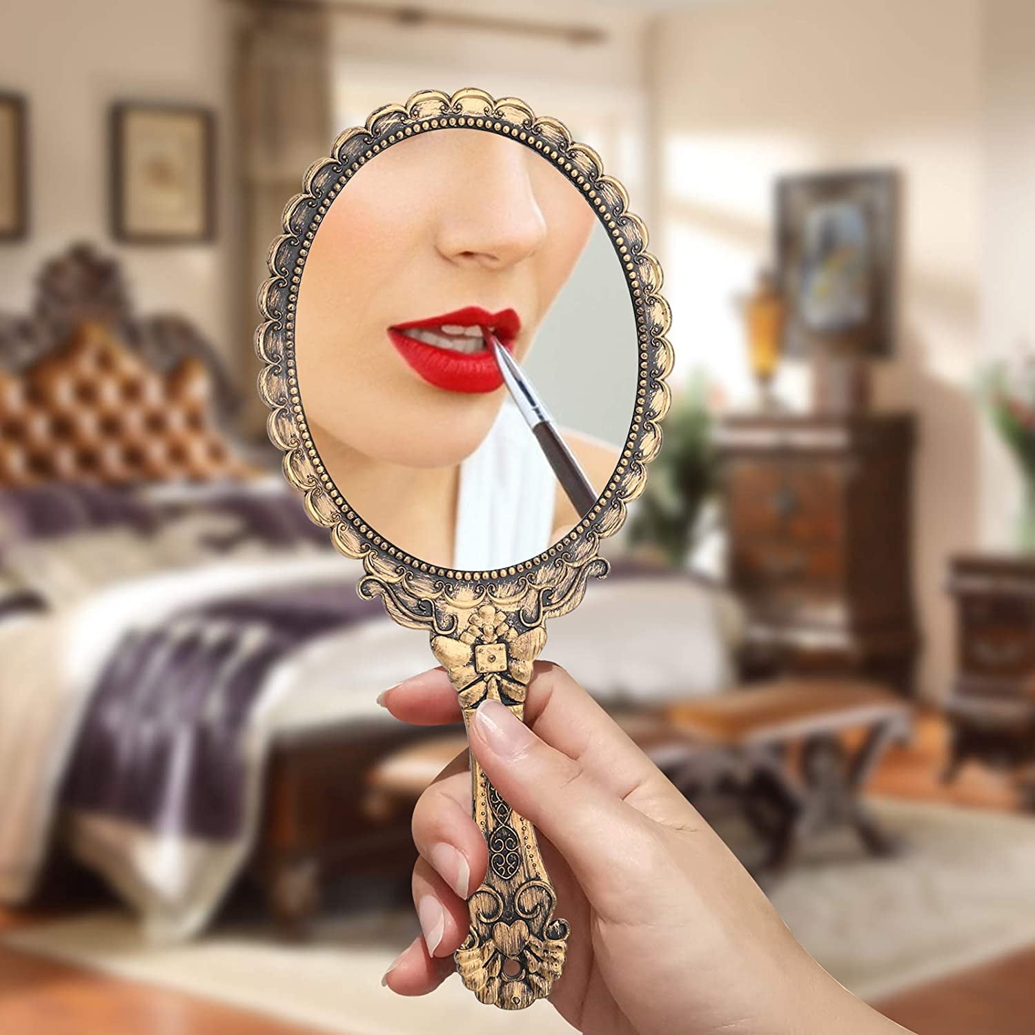 Vintage Handheld Mirror, Small Hand Held Decorative Mirrors for Face Makeup Embossed Flower Portable Antique Travel Personal Cosmetic Mirror Brass Gold β image 5