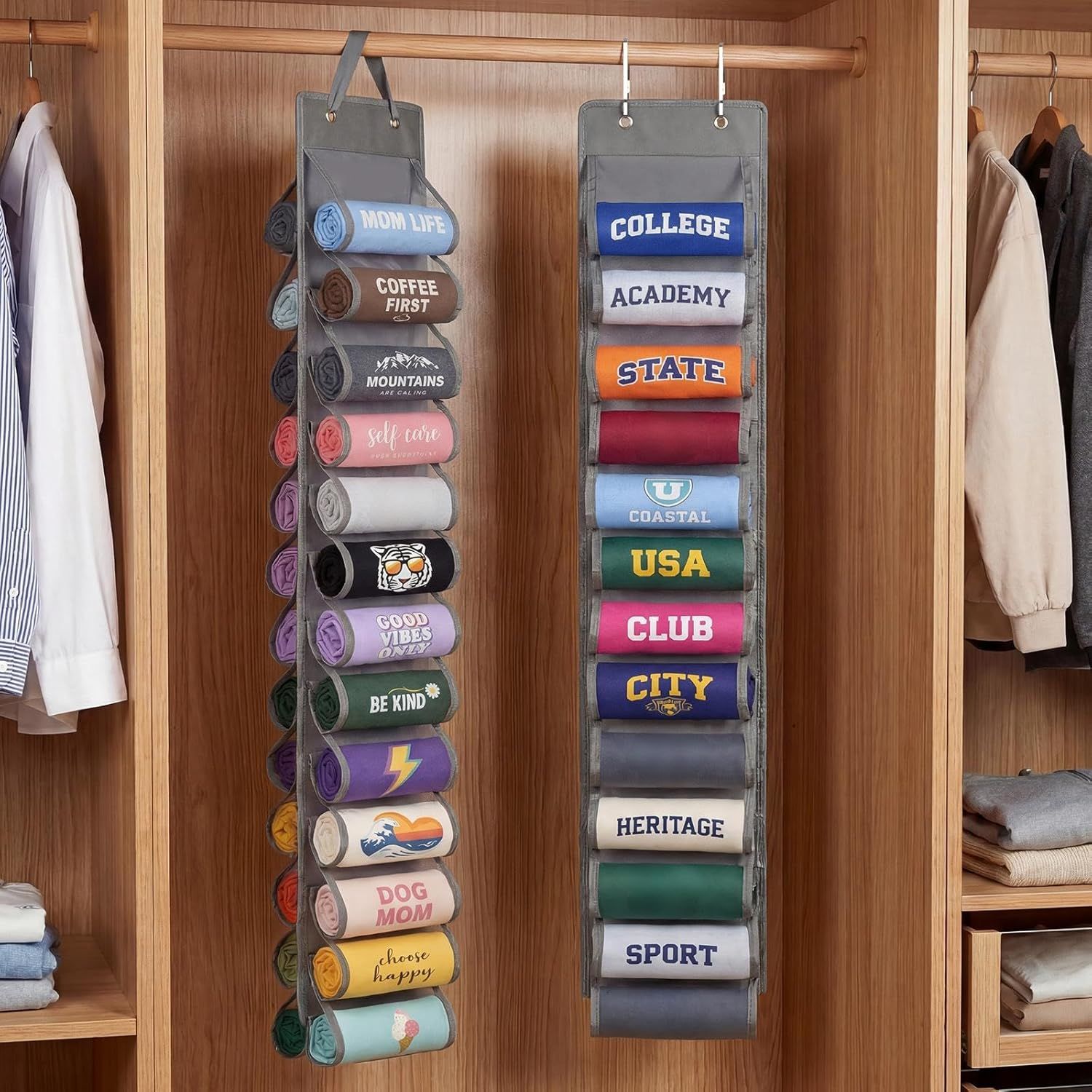 Double-Sided Over Door & Closet Organizer for Yoga Pants, Scarves & Accessories in Dorms and Bedrooms, 26-Pocket Vertical Storage Rack (Grey) β image 2