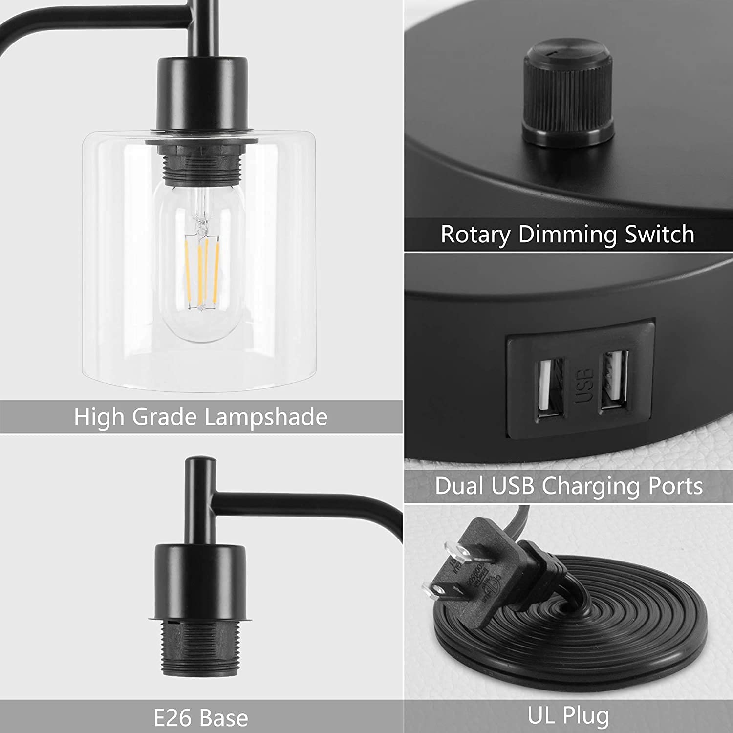 2x Pack Industrial Table Lamp with 2 USB Port for Bedside Nightstand Desk and Living Room Office (Bulb not Included) โ image 4