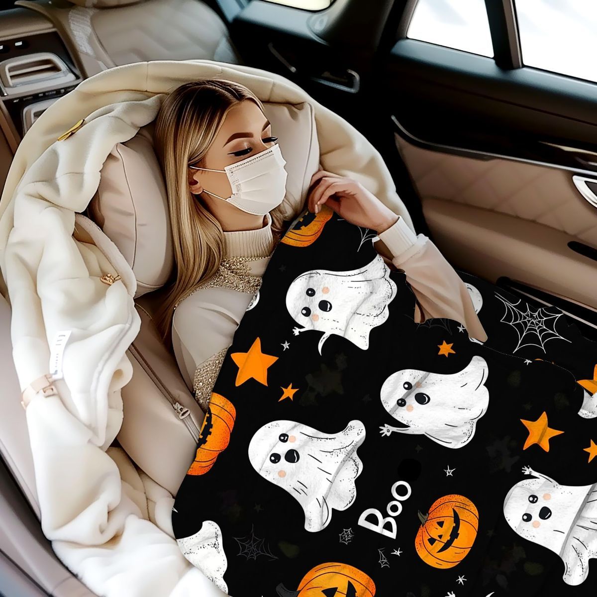 Halloween Throw Blanket Cozy Microfiber Blanket Soft Flannel Throw Festive Home Pumpkin - White-Yellow - Size 130cm*150cm โ image 5
