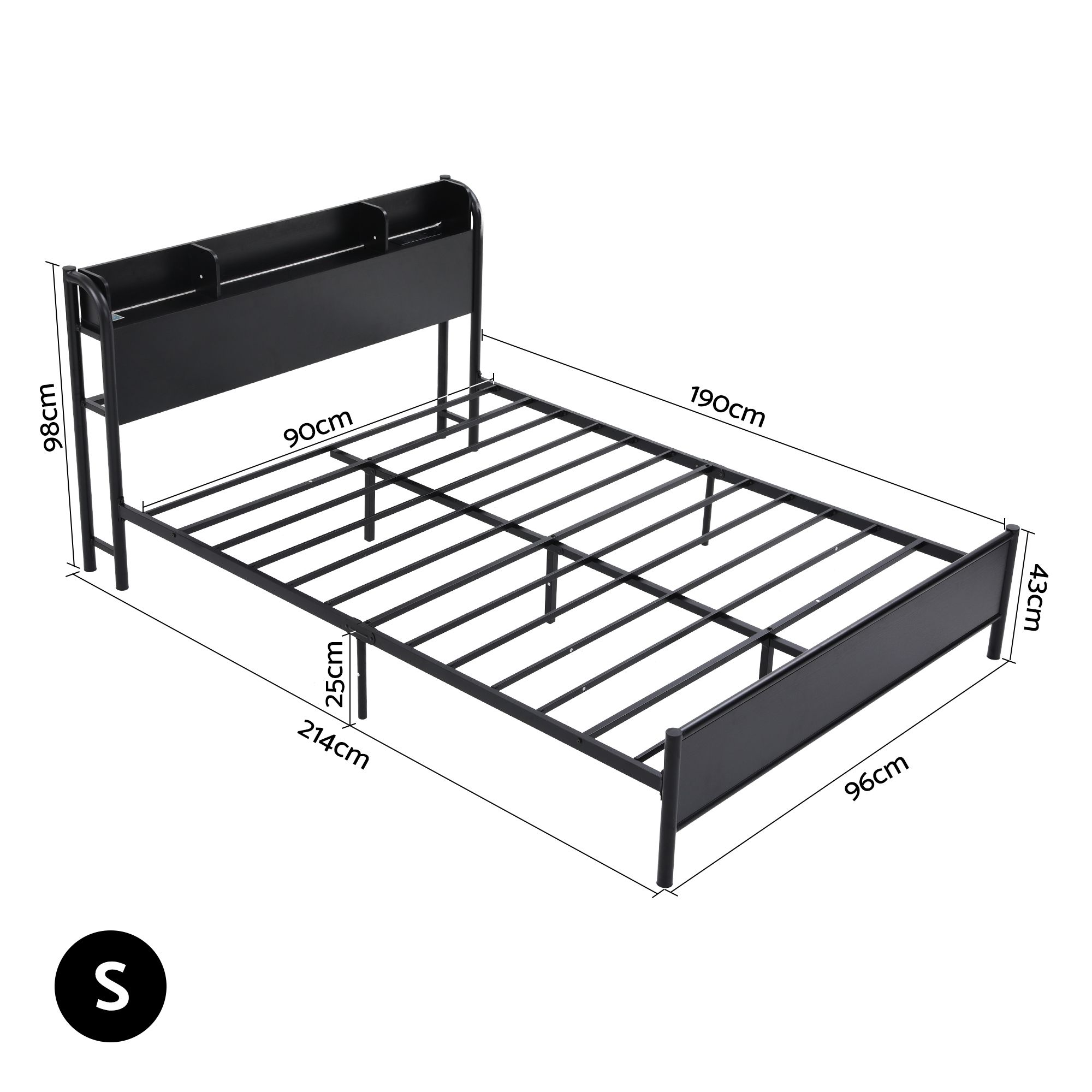 Artiss Bed Frame Single Size with Storage Shelf Headboard Charging Station GRID — image 2