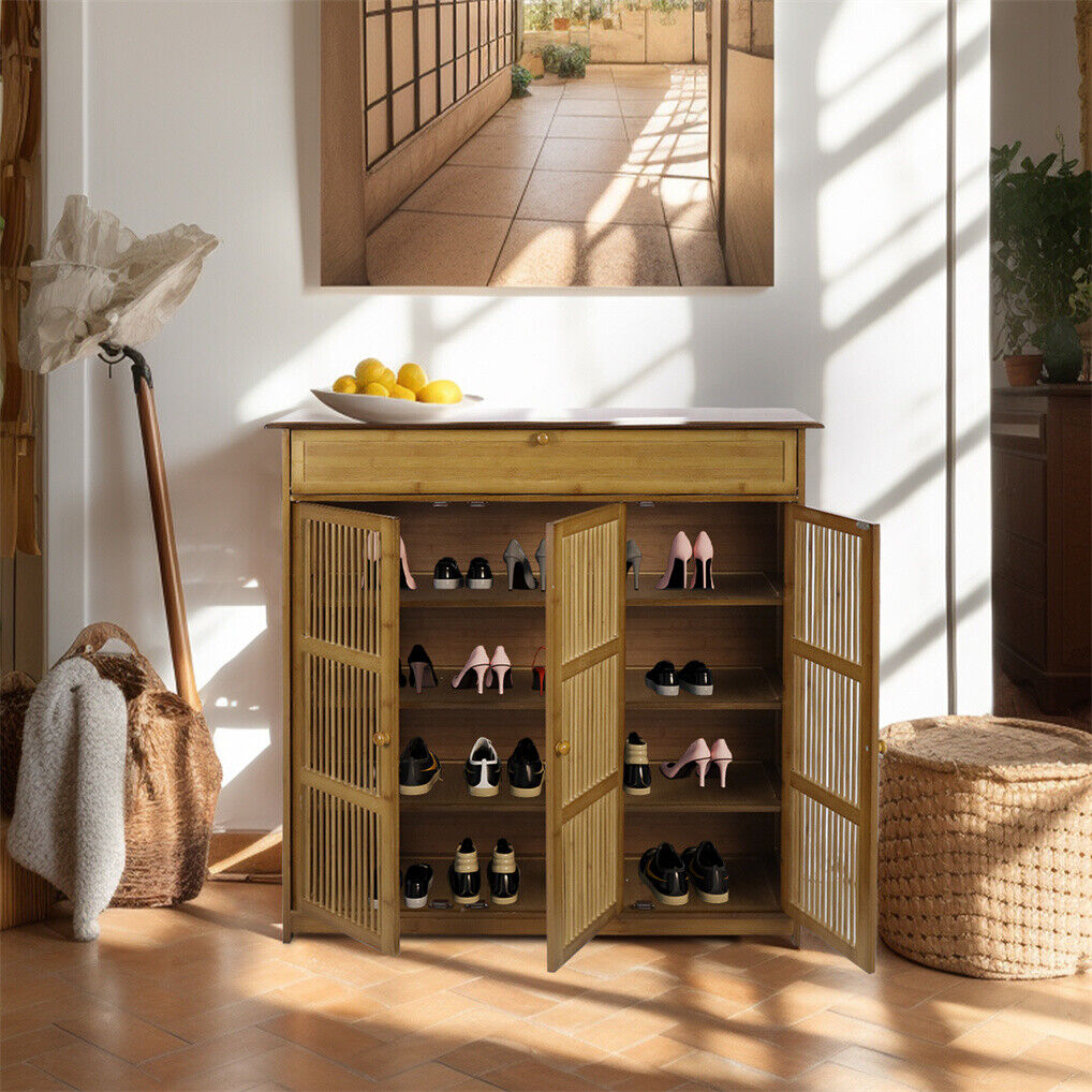 Wooden Shoe Rack XL 4 Tier 3 Doors Drawers Shelves Cabinet Organizer — image 5