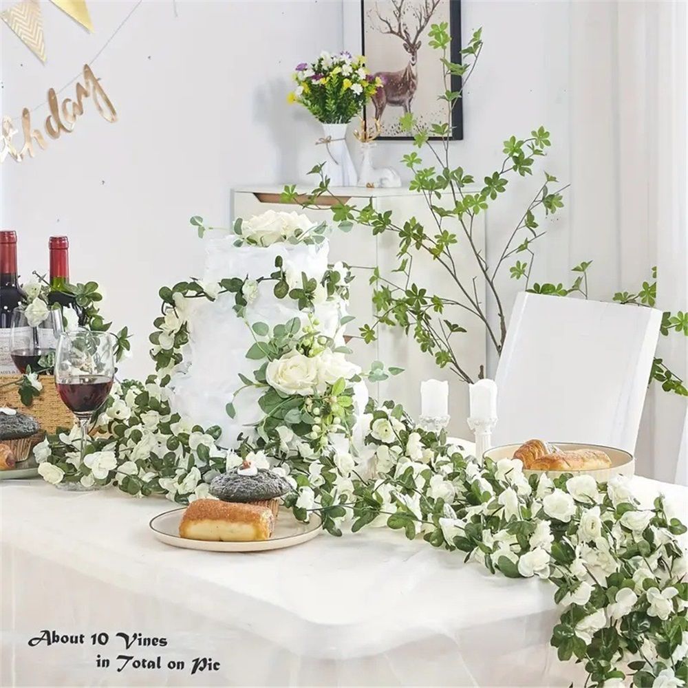 4Pcs Artificial Rose Vine Fake Flower Garland Fake Silk Rose Hanging Vine for Wedding Party Background Arch Garden Background Decoration (White) — image 2
