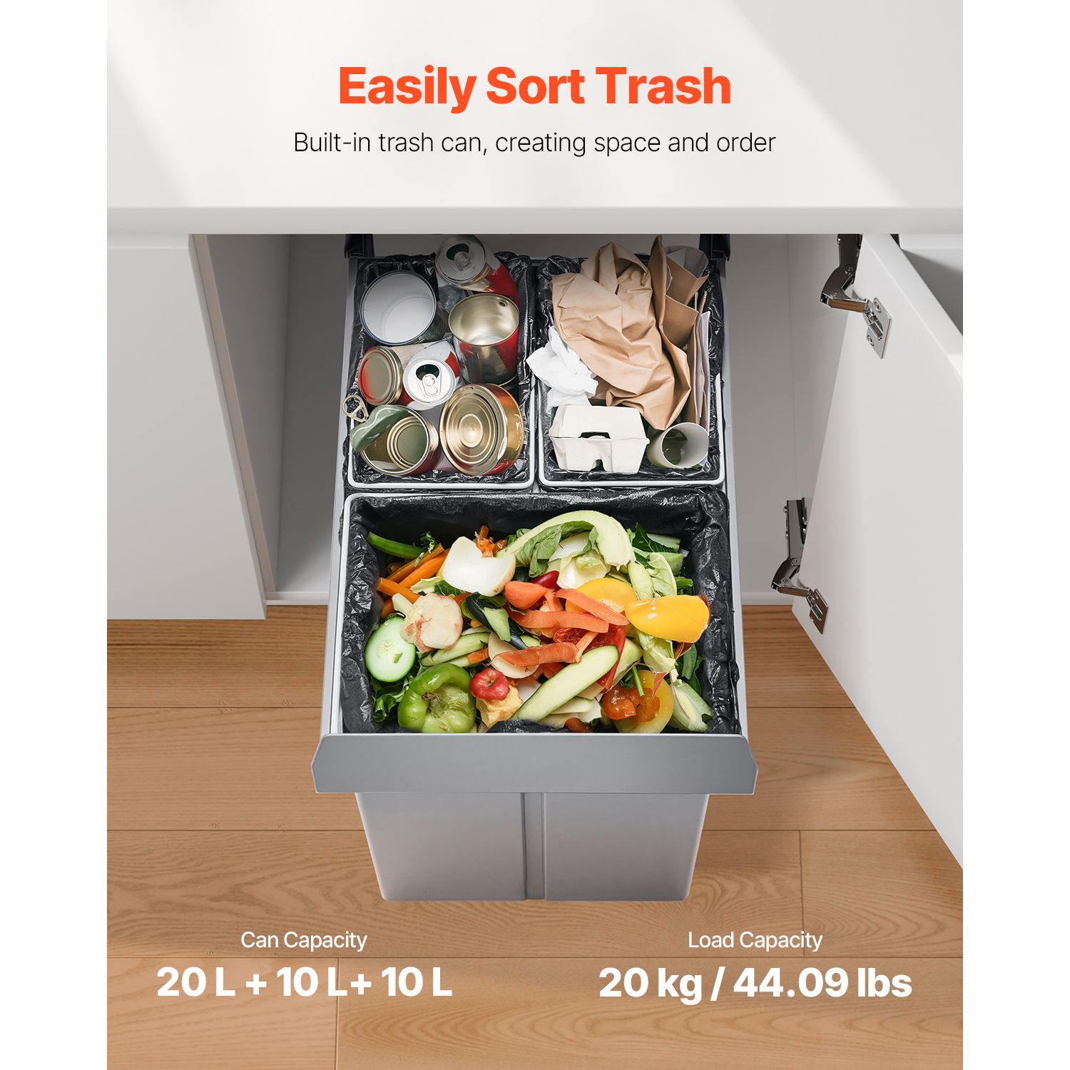 Pullout Trash Can for Kitchen Cabinets, 20+10+10L Double Under Sink Garbage Waste Recycling Bin, Under Mount Waste Container, with Heavy Duty Metal Full — image 3