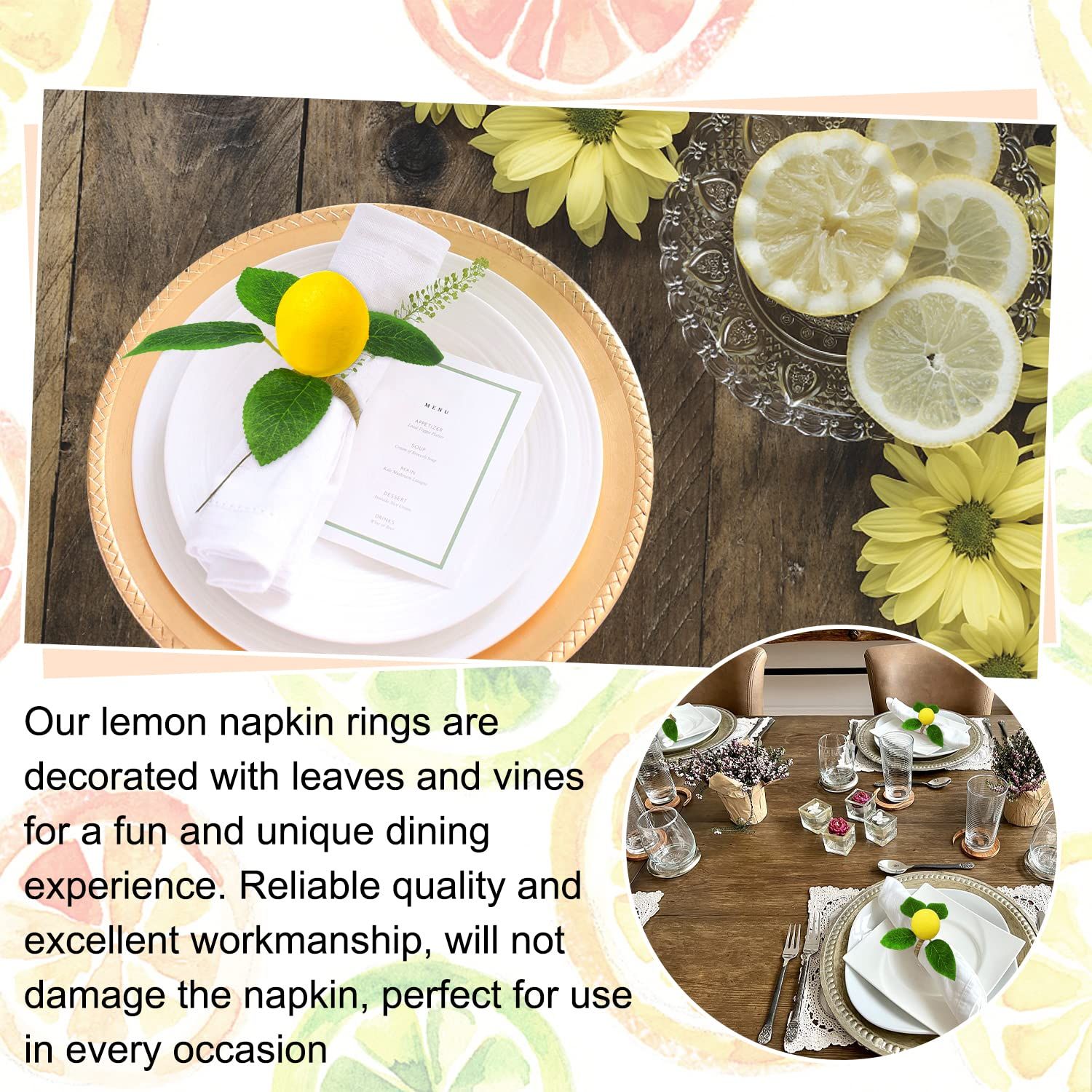 Lemon Napkin Rings Set of 6, Faux Lemon Summer Farmhouse Napkin Ring Holder for Dining Table Decor Banquet Wedding Birthday — image 3