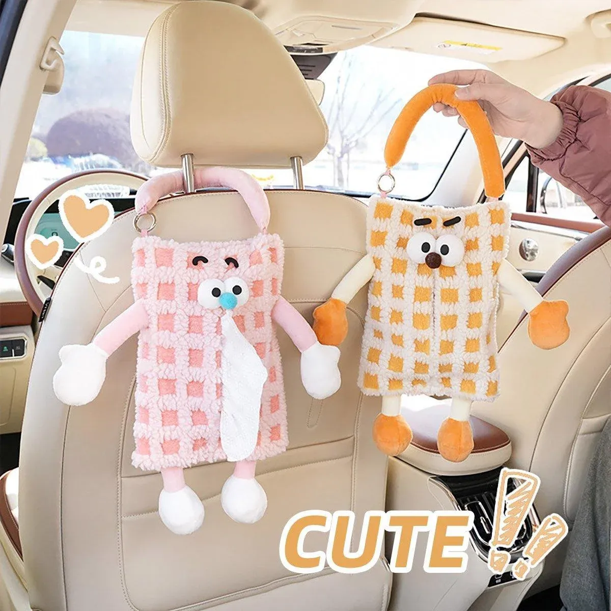Plush Car Tissue Box Striped Plaid Seatback Hanging Tissue Holder Drawer Design - Orange โ image 5