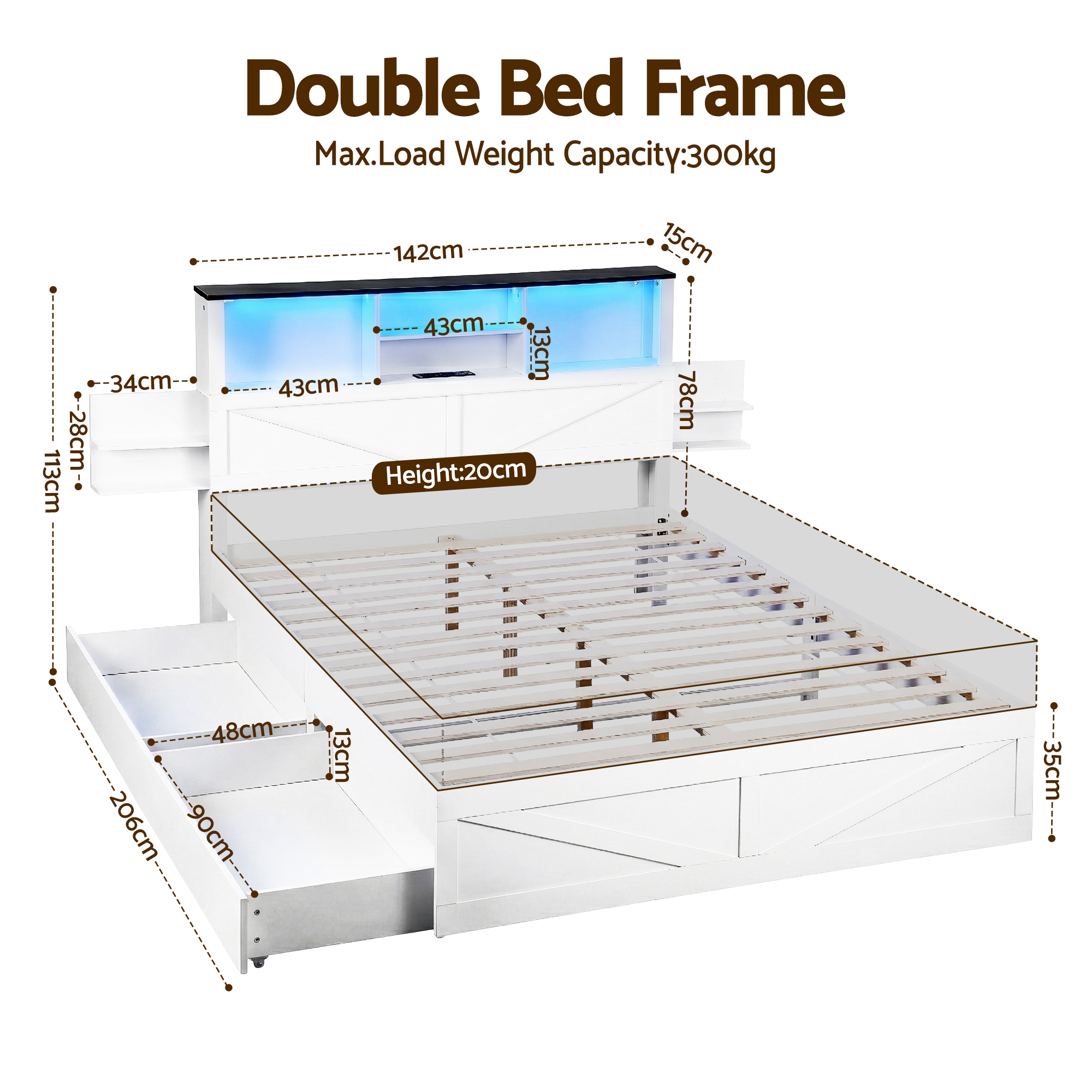 Artiss Double Bed Frame with Storage Drawers White Platform Bedframe with Bookcase Headboard Charging Station Led Light โ image 2