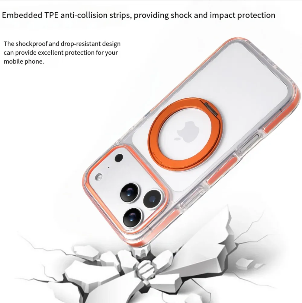 Clear MagSafe iPhone 17 Pro Max Case with 360° Rotating Ring Stand - Orange Edition — image 3