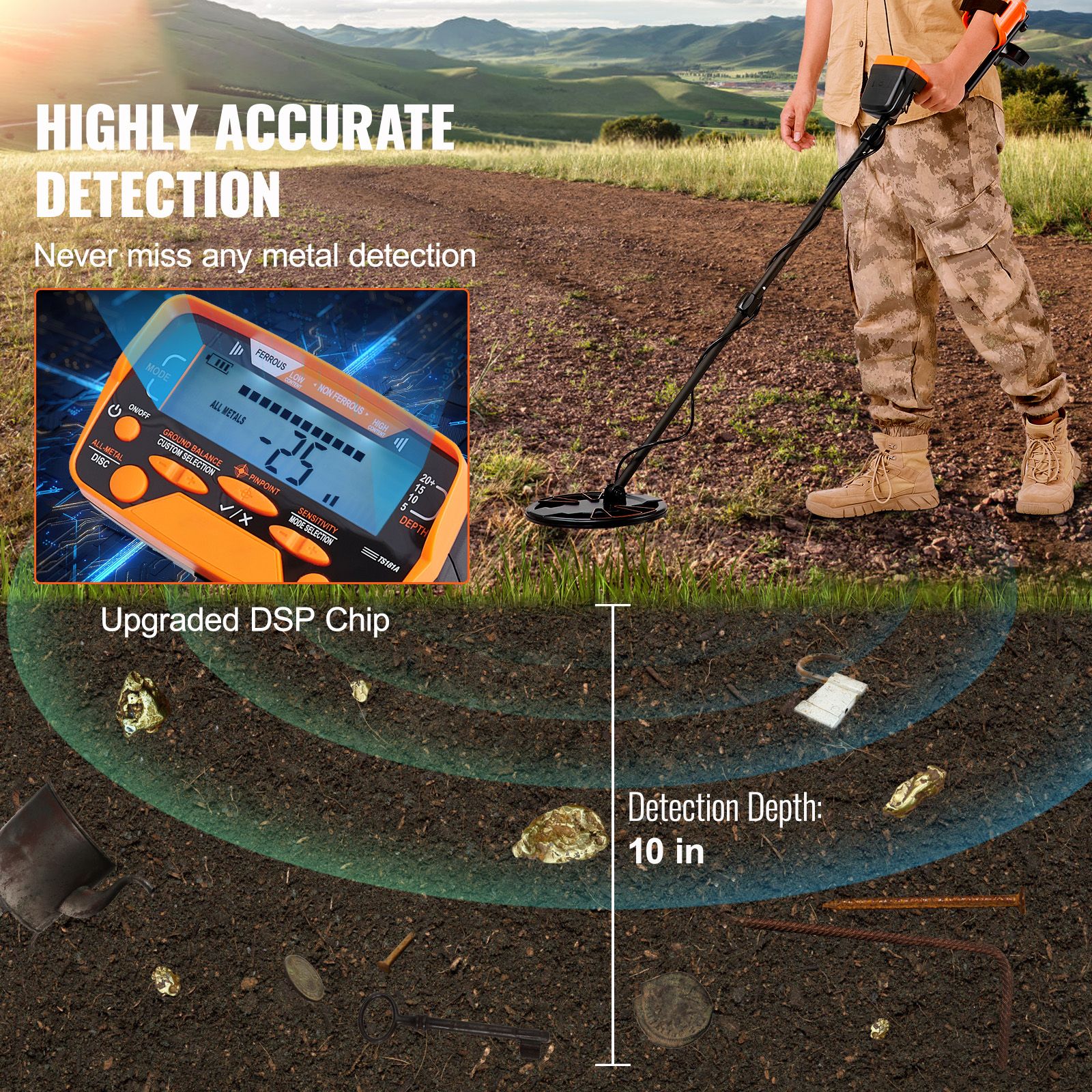 Metal Detector for Adults&Kids, 250mm, Professional Adjustable Higher Accuracy Gold Detector, IP68 Waterproof Coil with LCD Display 7 Modes Advanced DSP Chip โ image 2