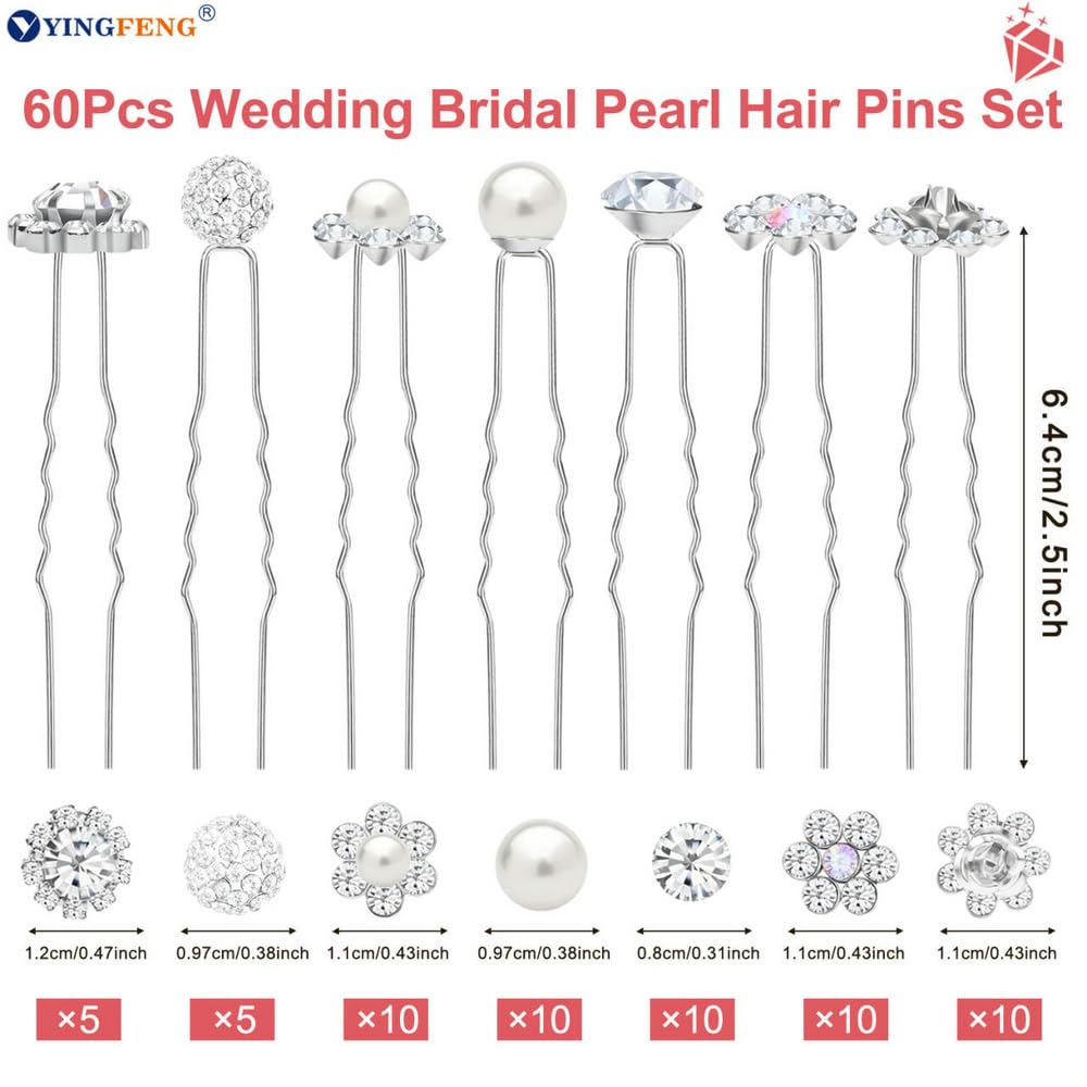 60 Pcs 7 Styles Silver Bridal Wedding Hair Pins, Flower Hair Clips for Women, U Shaped Crystal Pearl Hair Clips, Suitable for Brides, Bridesmaids, Women's — image 3