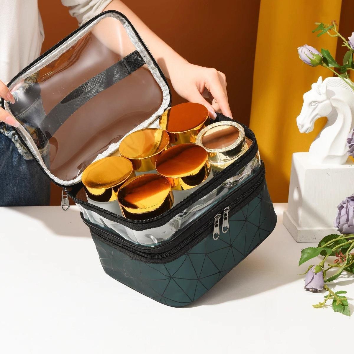 Portable Double-Layer Large Capacity Waterproof Cosmetic Bag Travel Toiletry Bag - Black — image 6
