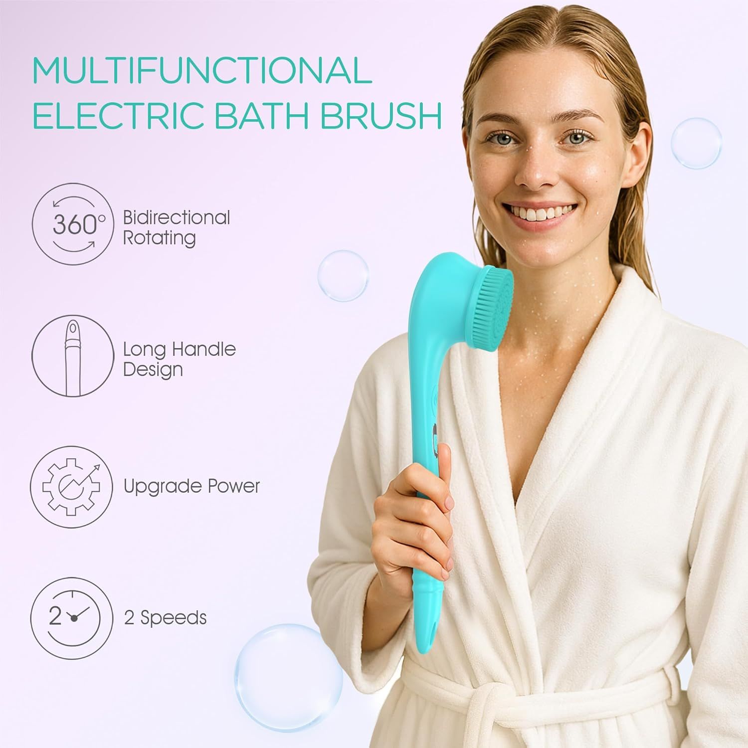Electric Body Brush Back Scrubber Silicone Body Scrubber Two-Way Rotating Brush Head for Deep Cleaning, Exfoliation, 4 Attachments Long Handle IPX6 โ image 5