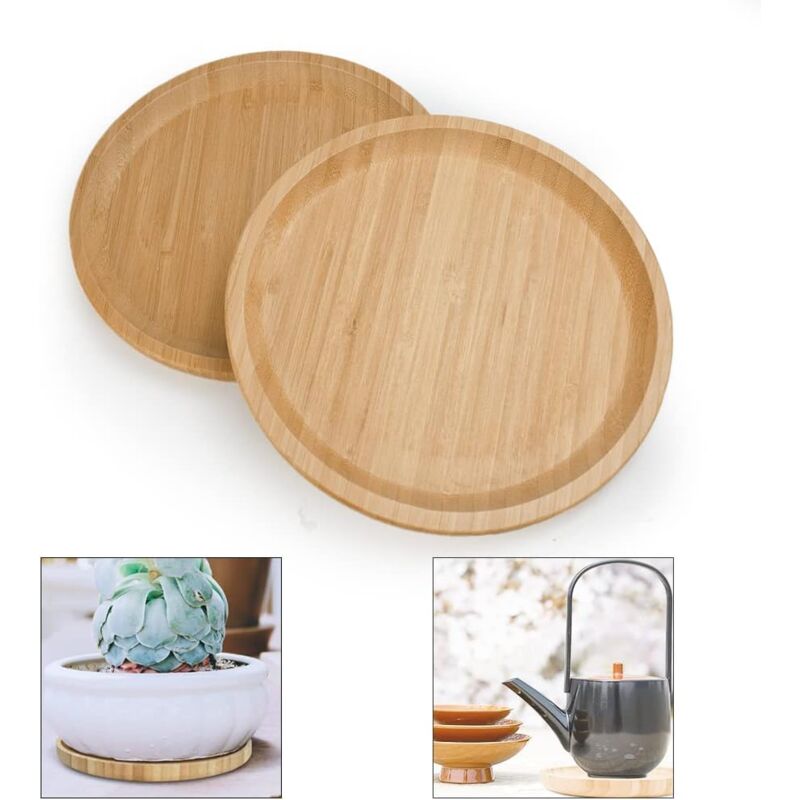 2 Piece Bamboo Saucers 20Cm ROund Bamboo Tray Bamboo Plant Saucer ROund Serving Tray Wooden Flower Pot Saucer For Cups