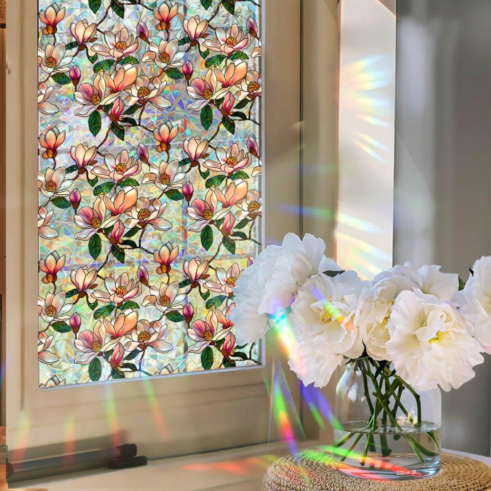 Retro Magnolia Flowers Window Privacy Film,Stained Glass Decals Colorful Floral Privacy Rainbow Decals Living Room Sun Blocking Decor Removable Static Cling — image 4