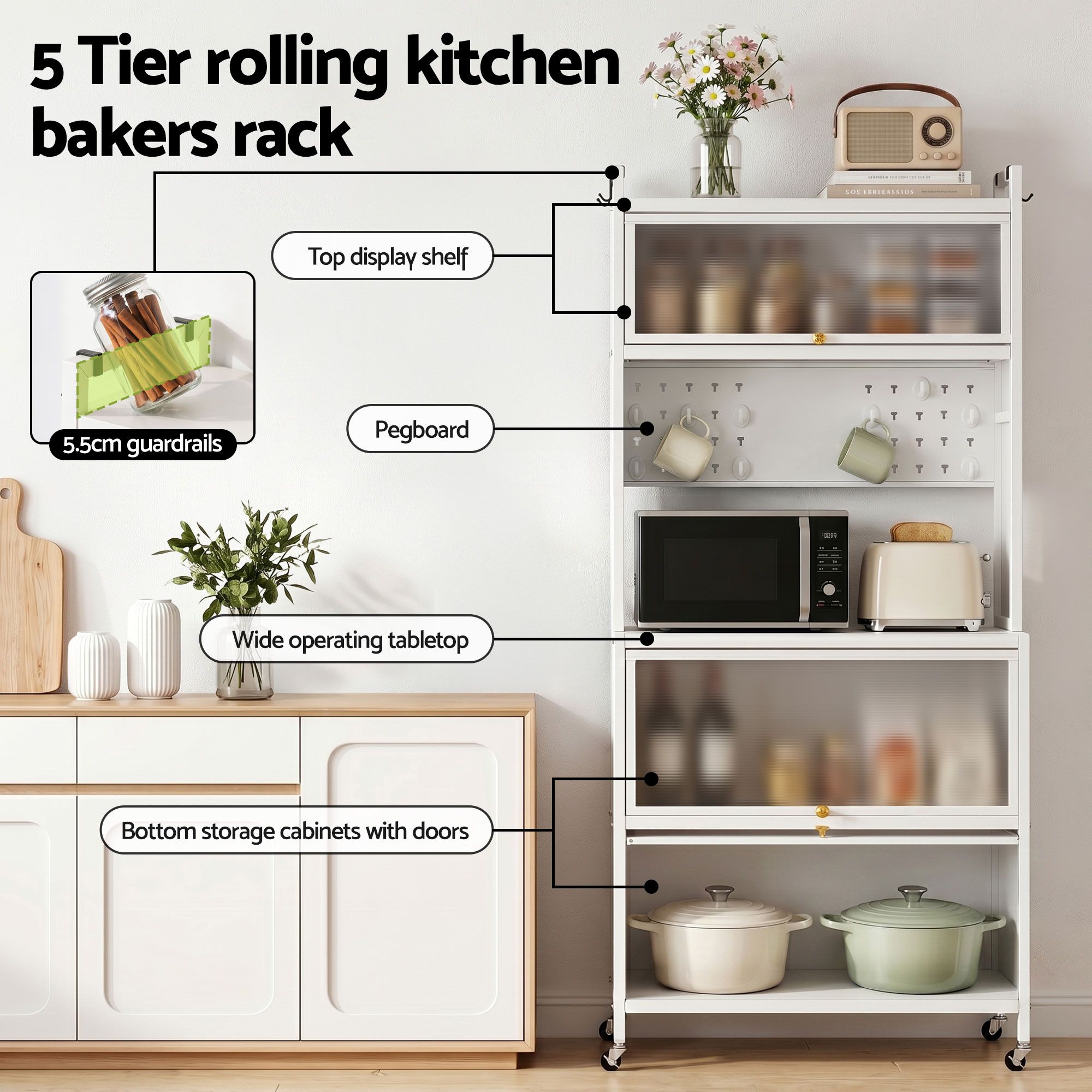 Artiss Kitchen Cabinet Storage Shelves Pegboard Cupboard Sideboard 80CMX164CM β image 5
