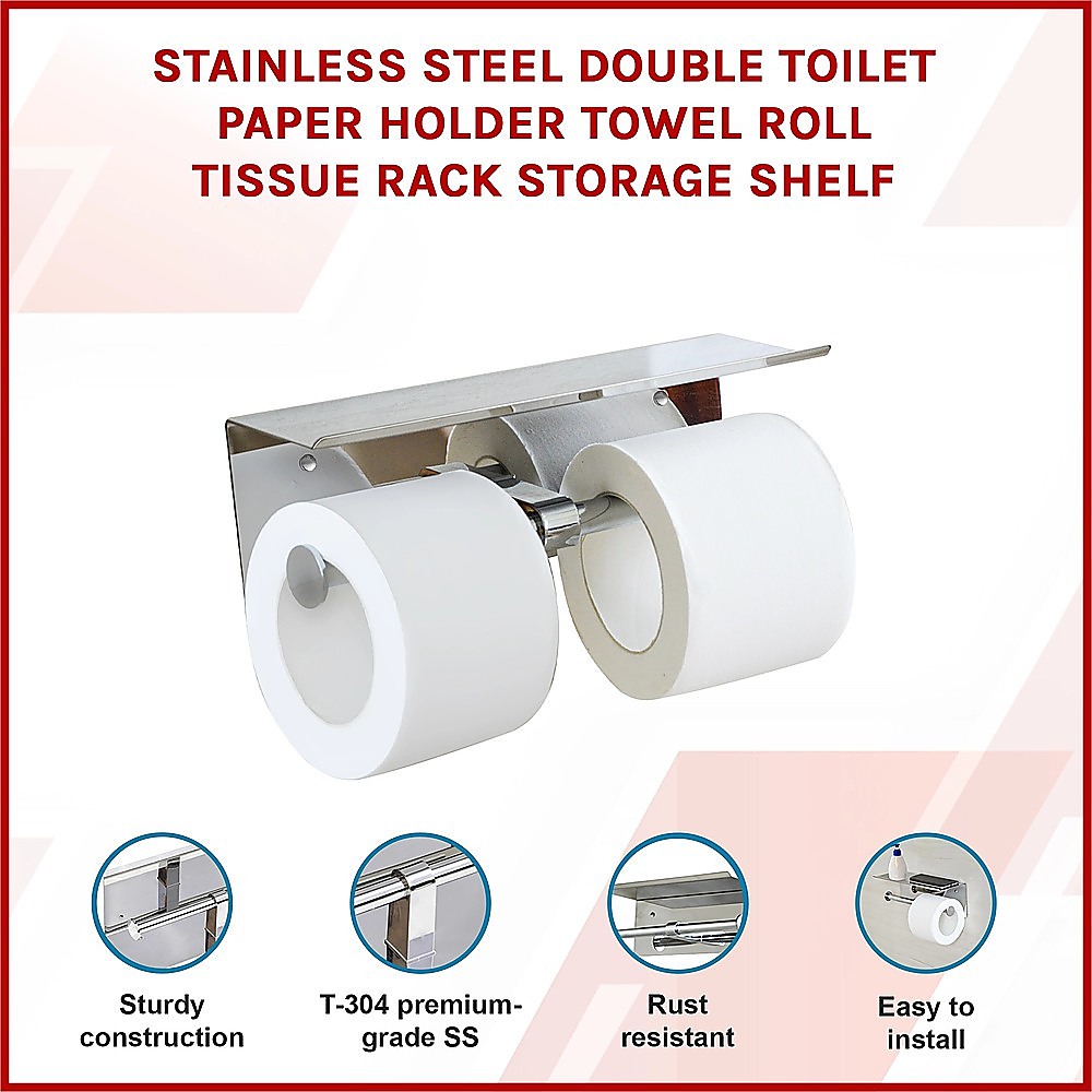 Stainless Steel Double Toilet Paper Holder Towel Roll Tissue Rack Storage Shelf โ image 4