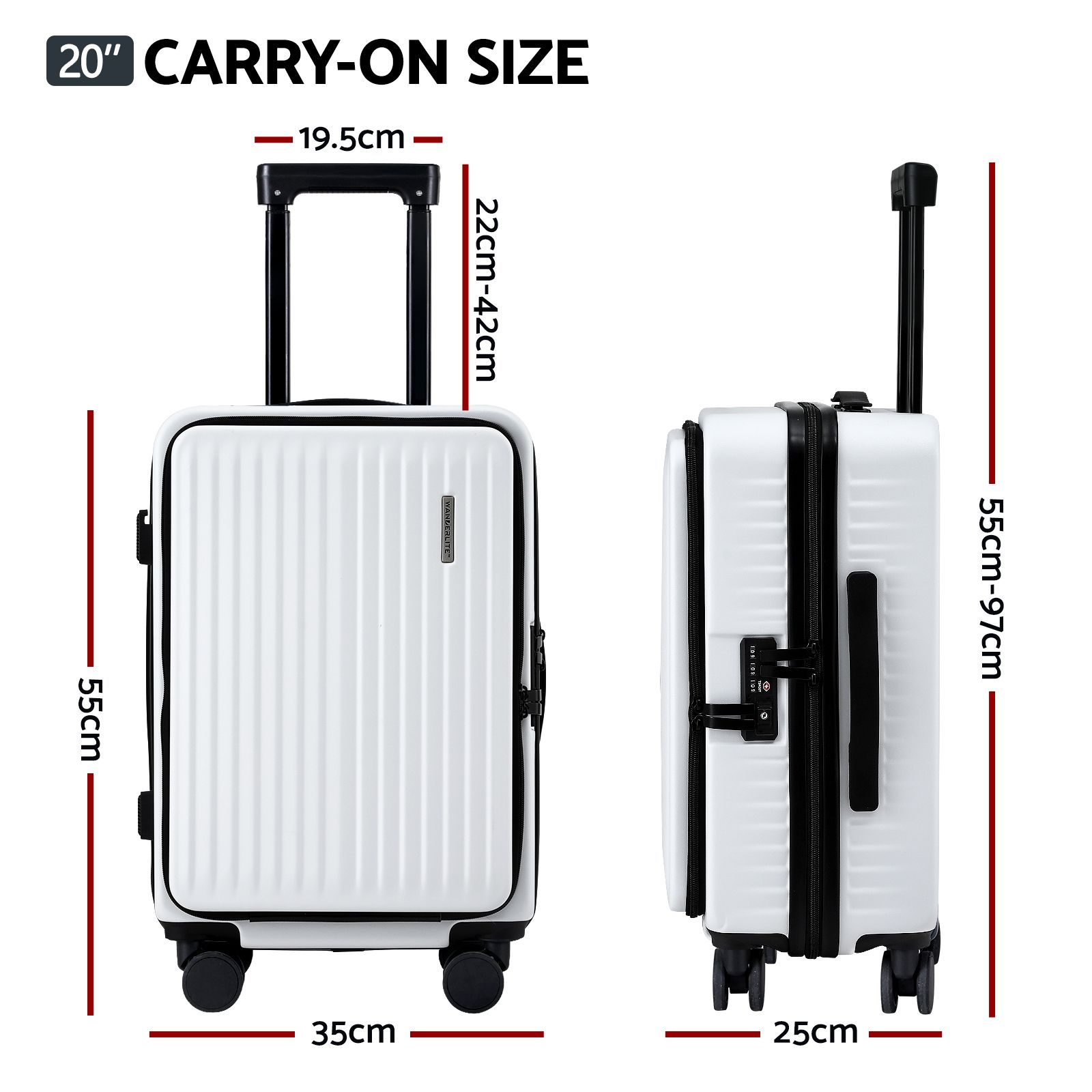 Wanderlite 20" Luggage Suitcase Front Pocket Travel Carry On Dual TSA White — image 3