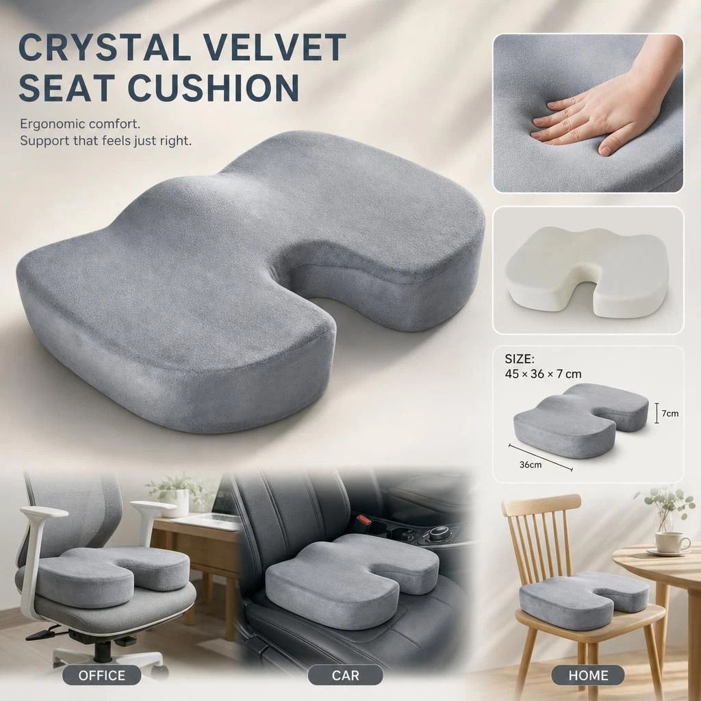 Memory Foam Butt Pad 45 × 36 × 7, Crystal Velvet Grey, Comfort Long Hour Sitting