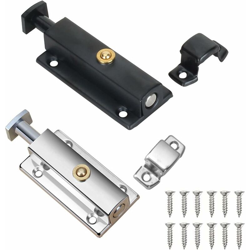 2 pcs Interior Door Lock, Bathroom Door Lock With Spring Knob, Silver, Black Automatic Door Lock 4 Inch/100Mm