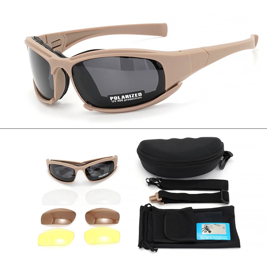 Khaki Tactical Protection Goggles with Storage Box and Elastic Straps (Polarized 4-Lens Set) - Windproof, Dustproof, UV Protection for Cycling