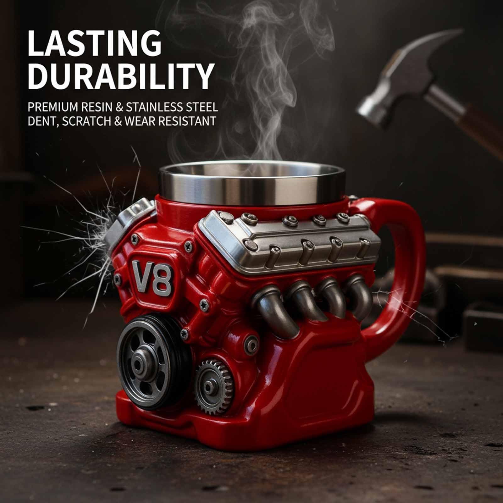 3D V8 Engine Coffee Mug Stainless Steel Liner Resin Novelty Cup 300ml Double Wall Insulated Gift for Car Enthusiasts Mechanics Red — image 3