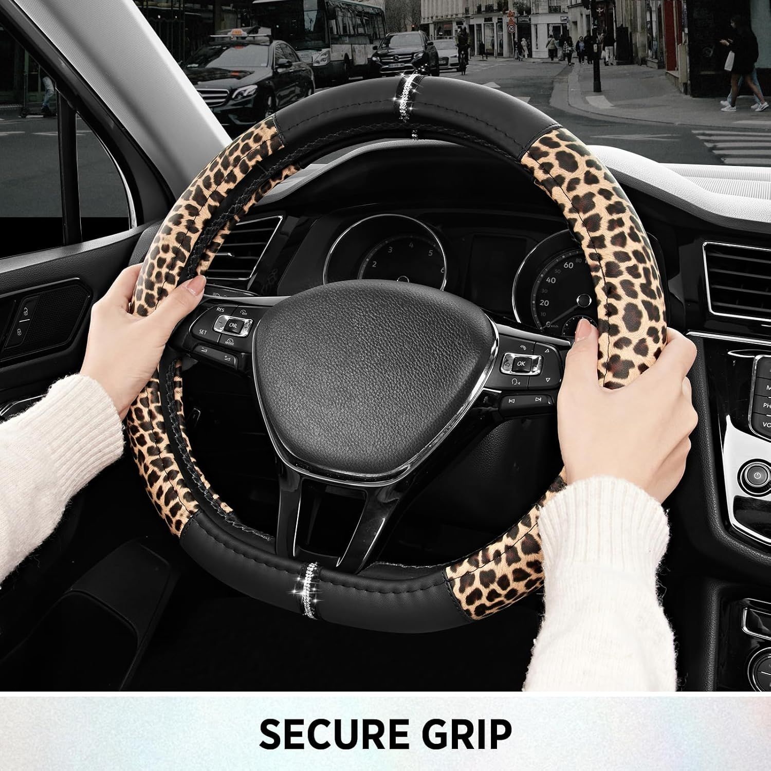 Leopard Steering Wheel Cover for Women, Cute Anti-Slip Microfiber Leather, Fits D Shape Flat Bottom Steering Wheel 14.5-15 Inch - Black โ image 5