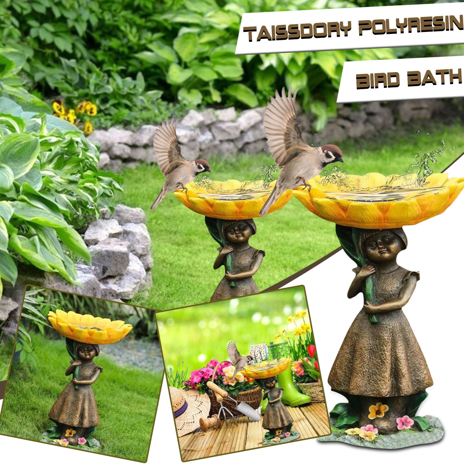 Girl Resin Bird Feeder with Natural Stump Design for Garden and Outdoor Decor — image 3