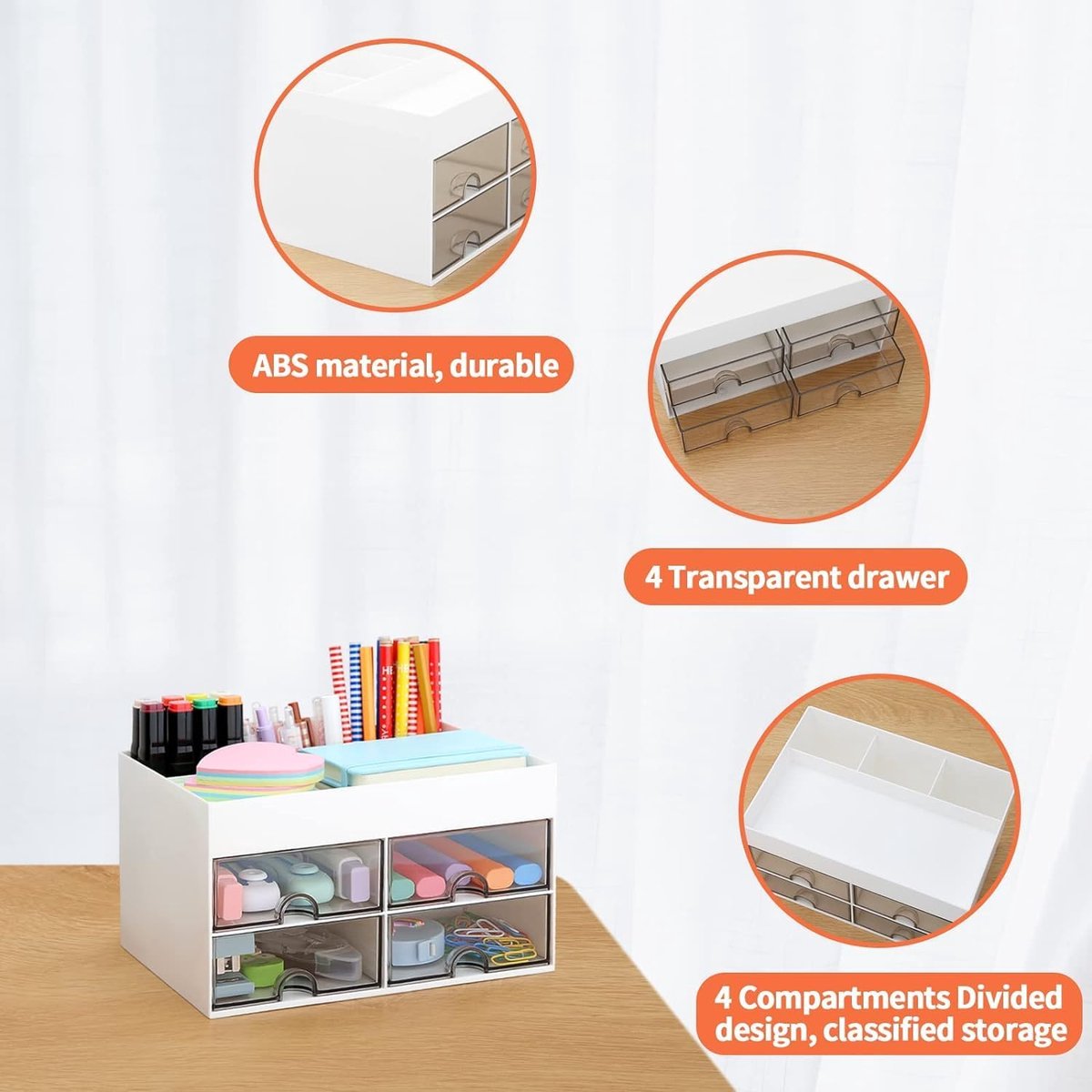 Multifunctional desk organizer with 4 drawers and pen holders, makeup organizer, for teachers, office, school, home, table decoration, white — image 2