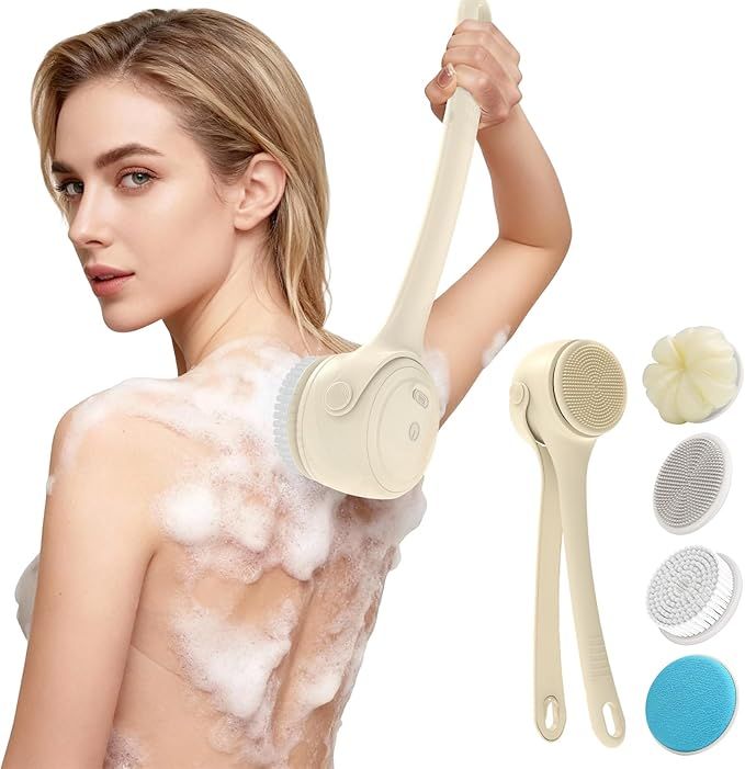 Electric Shower Body Scrubber Brush with 4 Heads, IPX5 Waterproof Rechargeable Back Cleaner for Exfoliating & Massage, 2-Speed Rotating Bath Brush for