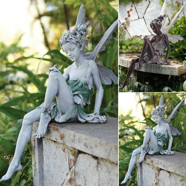 Resin Sitting Fairy Statue Garden Ornament Porch Sculpture White — image 2