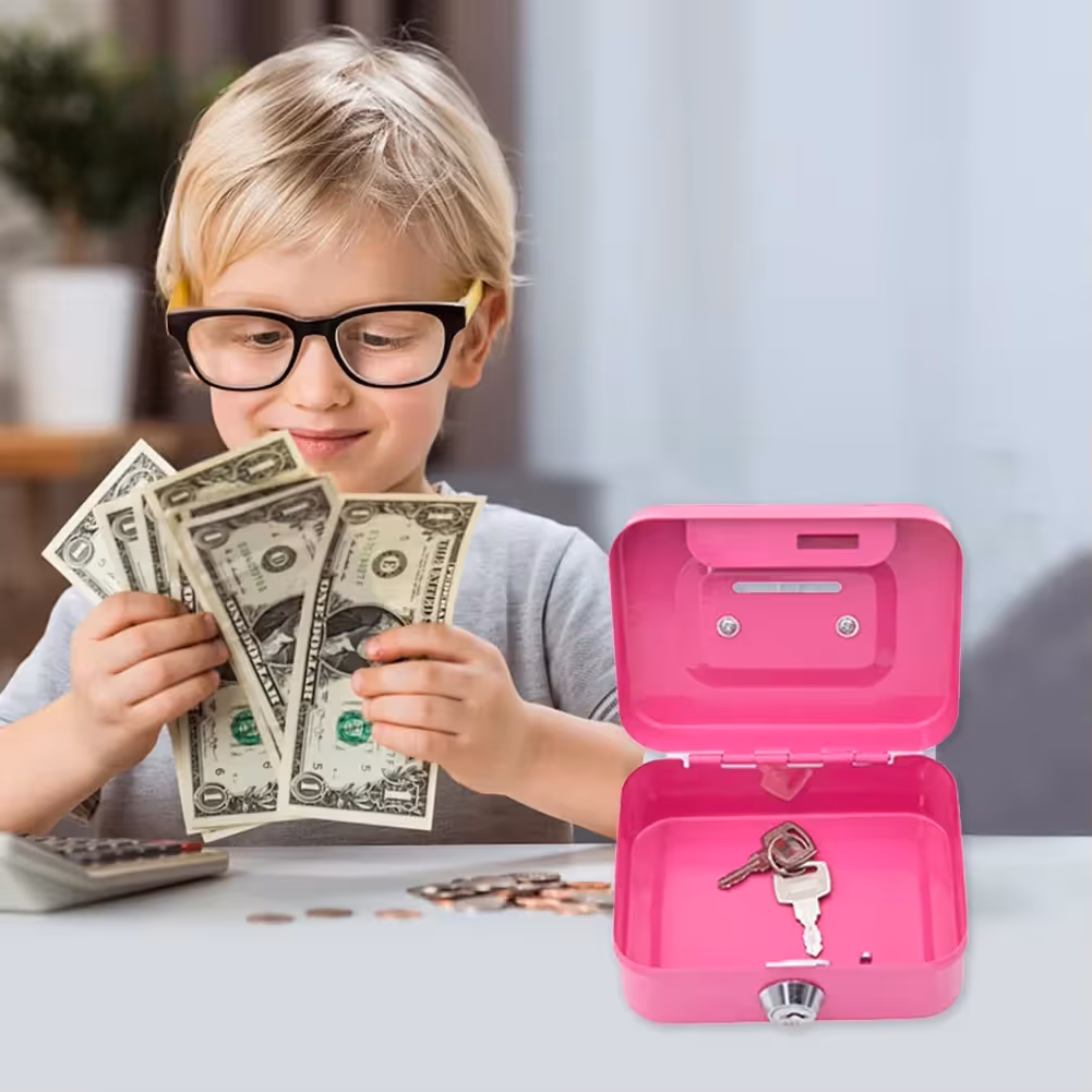 Gray Lockable Metal Cash Box with Coin Slot Portable Money Storage Box Small Savings Bank Key Lock Cash Holder Organiser for Coins Notes Home Office Use โ image 3