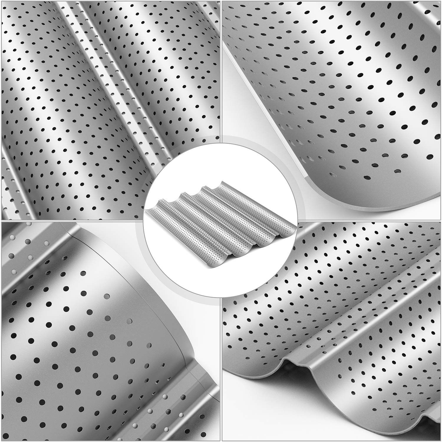2 Pack Nonstick Perforated Baguette Pan 15" x 13" for French Bread Baking 4 Wave Loaves Loaf Bake Mold Oven Toaster Pan (Silver) — image 4