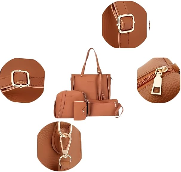 Brown 4-Piece Women Bag Set Lychee Grain PU Leather Large Capacity Tote Shoulder Bag Crossbody Clutch and Card Holder for Daily Travel and Work Use โ image 3