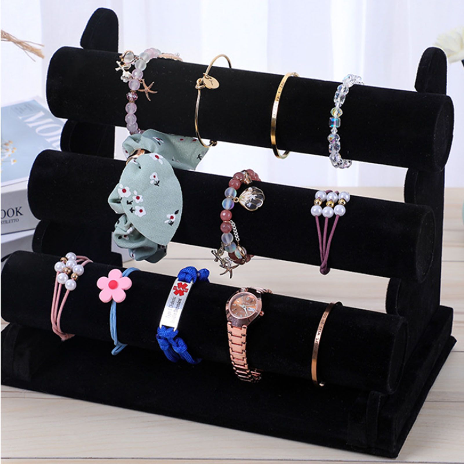 Velvet Jewelry Tower 3 Layers Watch Bracelet Holder Necklace Jewelry Display Stand Black Jewelry Stand โ image 5