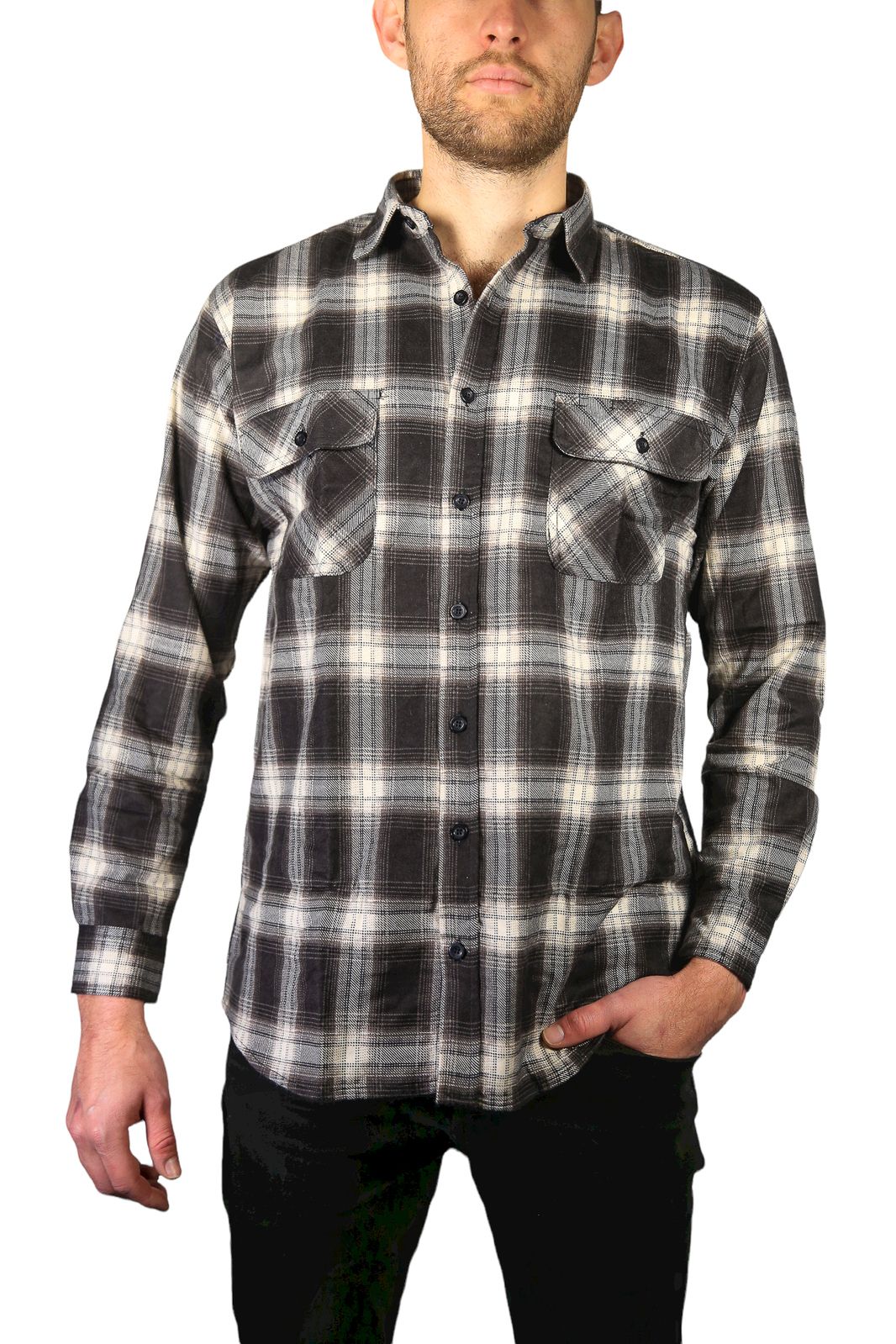 Mens Flannelette Long Sleeve Shirt 100% Cotton Check Authentic Flannel - Full Placket - Black โ image 2