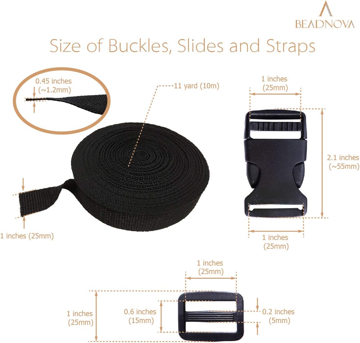 Plastic Buckle Kit Nylon Strap with Quick Release Buckle 12 Sets 1 Inch and Tri-Glide Slides with 11 Yards Nylon Strapping 1 Inch (Black) — image 2