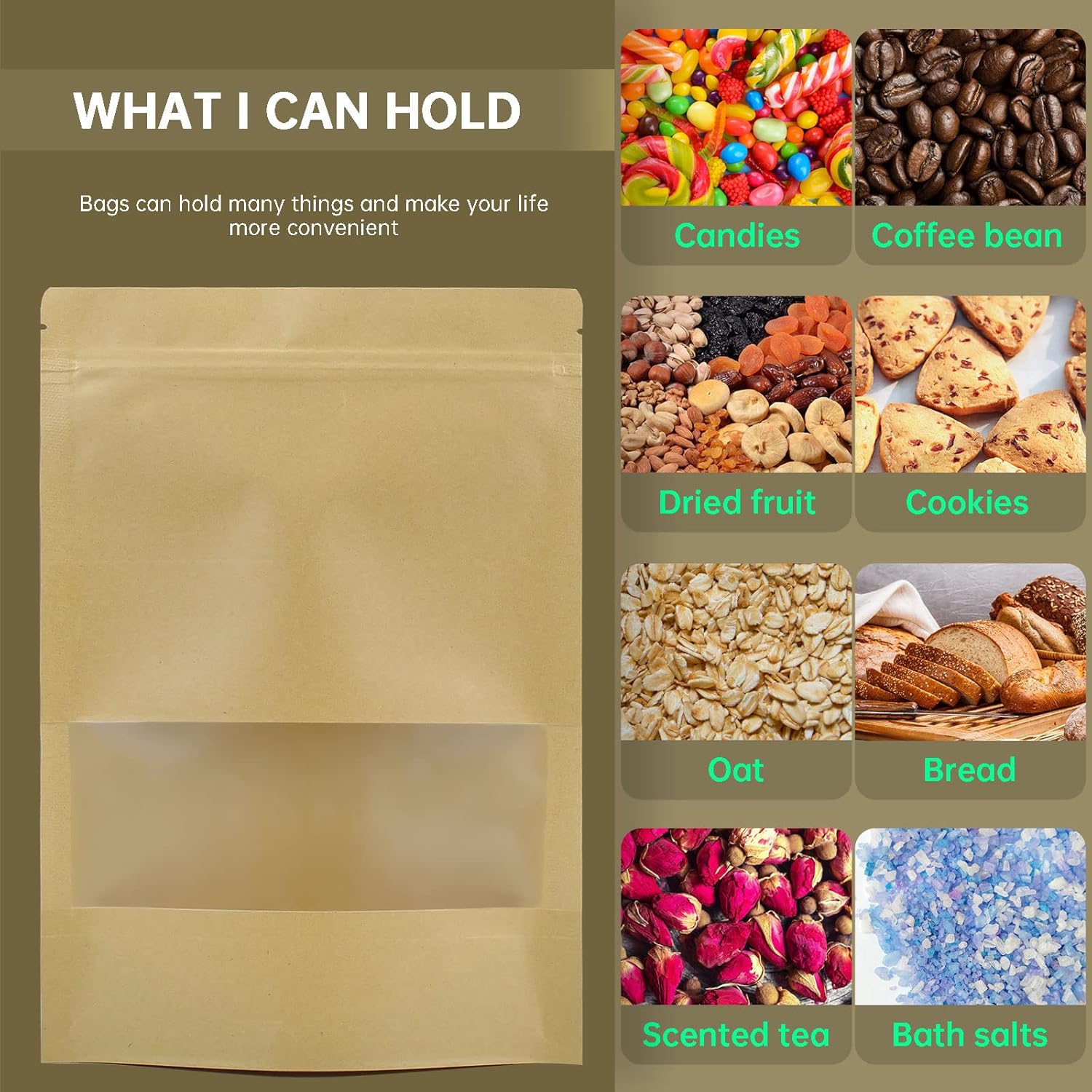 120pcs 4.7"x7.8" Kraft Bags with Window Zipper Lock Stand Up Bulk Pouches Resealable Bags, Smell Proof Mylar Bags for Food Storage, Stand-up Resealable Food — image 6