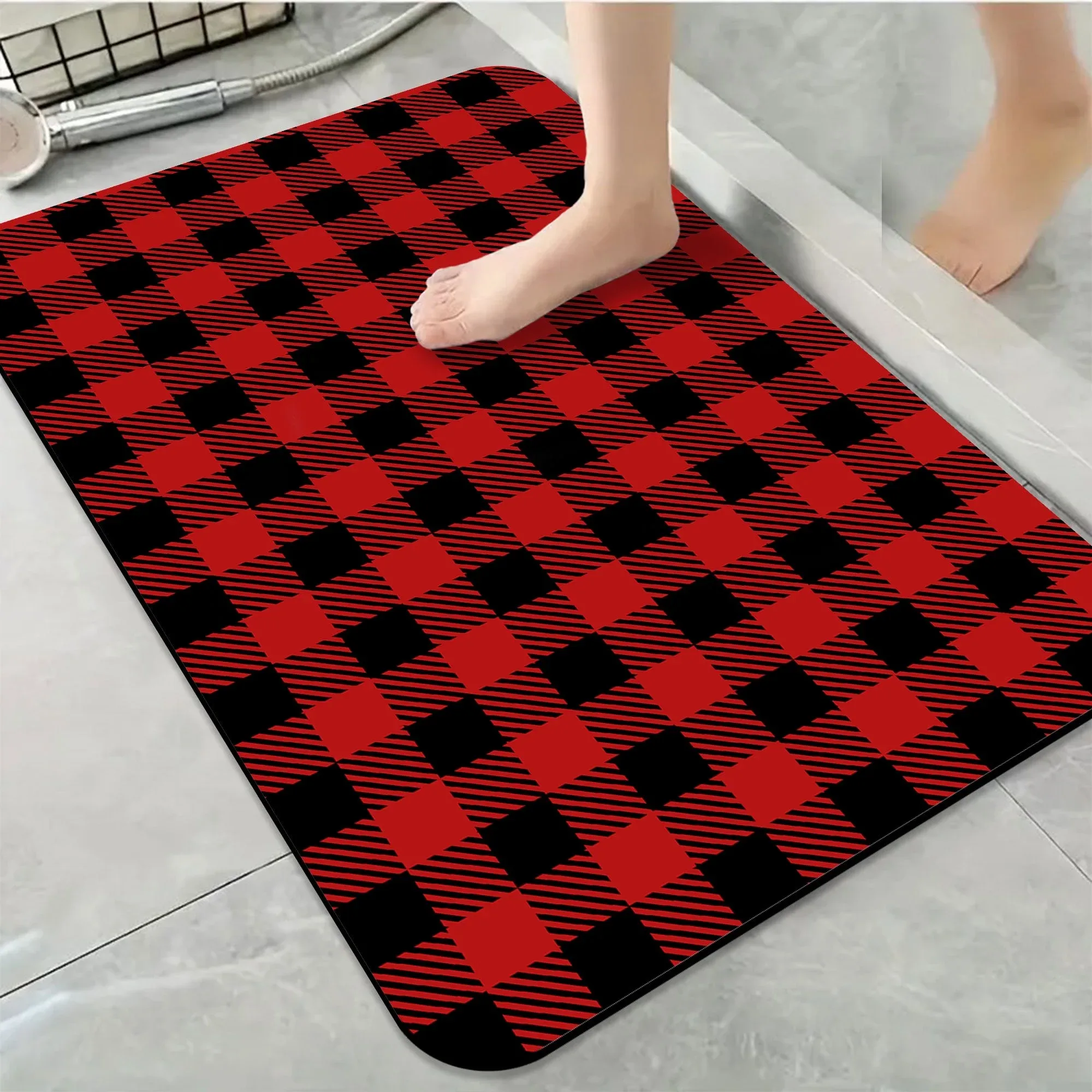 1 Piece Buffalo Plaid Bathroom Rug, Non-Slip Quick Dry Bath Mat for Tub, Shower, Floor and Indoor Outdoor Use, Red and Black