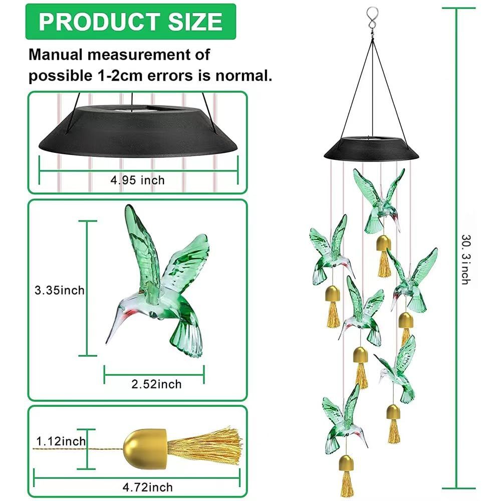 Solar Hummingbird Decorative Wind Chime Light with Bell, A Gift for Friends with Movable LED Colorful Outdoor Decorative Lights — image 5
