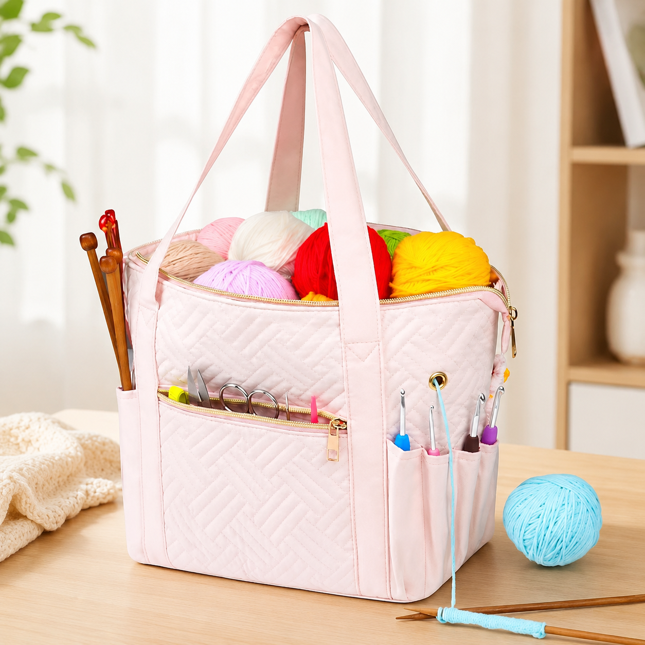 Crochet Bag Organizer for Yarn Storage, Velvet Knitting Tote Bag with Double Handle for Crochet Accessories, Portable Travel Case for Yarn Balls, Crochet