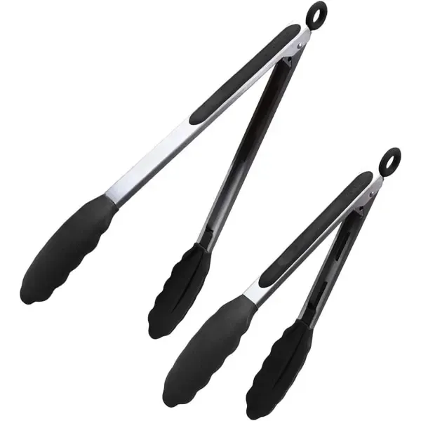 Stainless Steel Kitchen Tongs with Silicone Tips, Locking Non-Stick Cooking Tongs for BBQ, Salads, Grilling and Serving, 23 cm and 30 cm