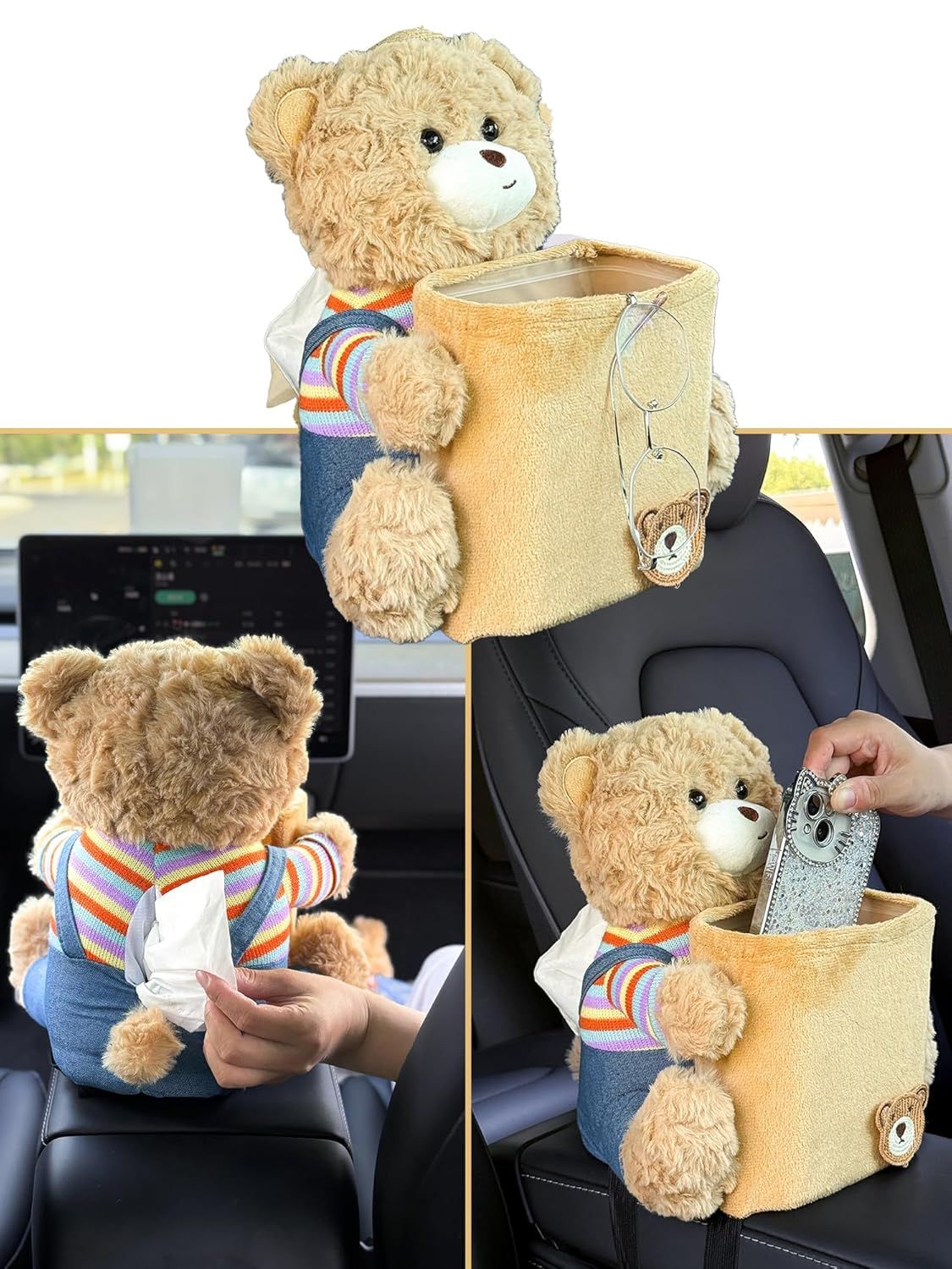 Cute Car Trash Can with Tissue Holder Teddy Bear Tissue Box Console Stuffed Animal Organizer Plush Doll Multifunctional Creative Accessories for Women Rainbow