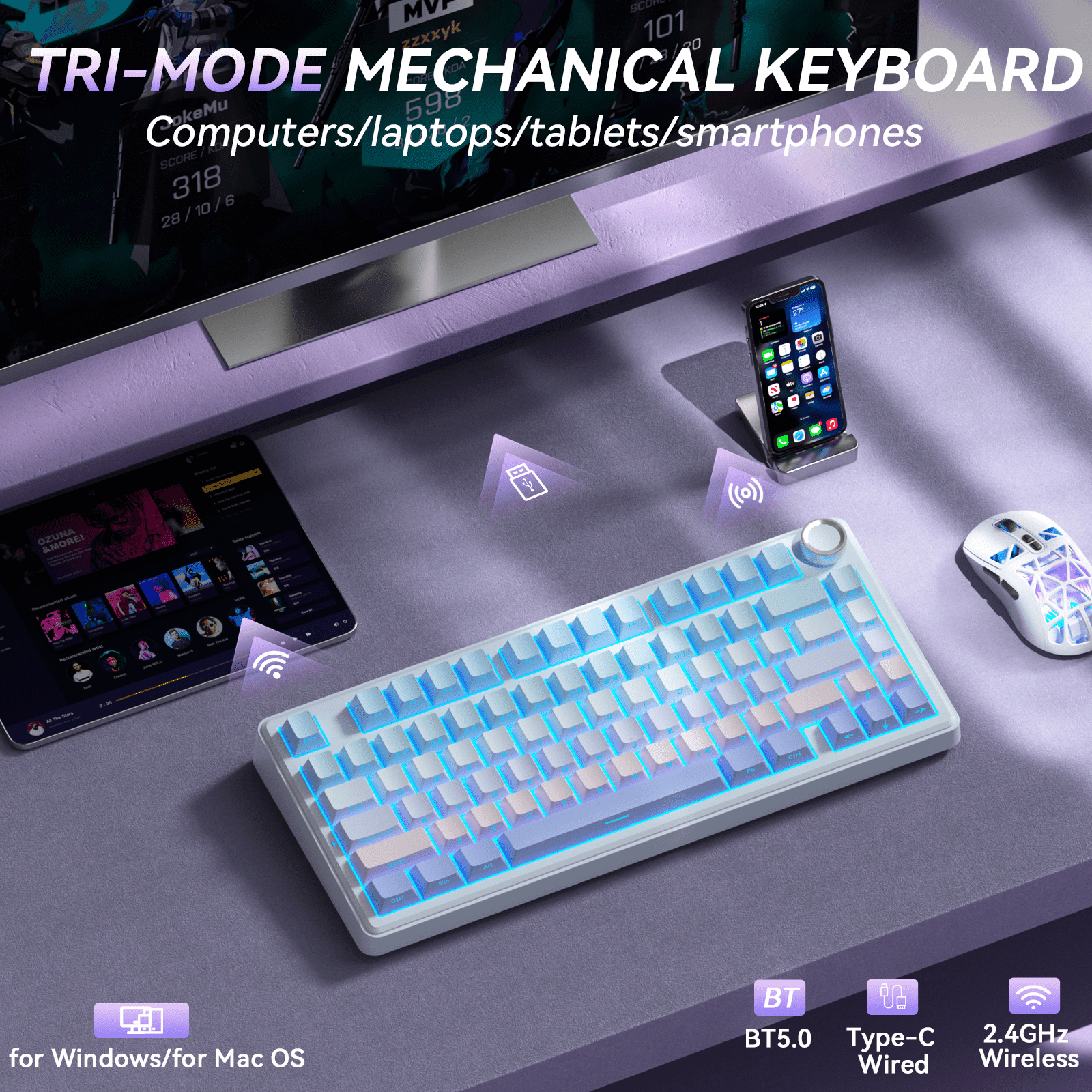 Solakaka A75 3-Mode RGB Mechanical Keyboard, Blue‑Purple — image 4